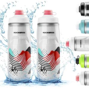 ROCKBROS Bike Water Bottle 21oz Bicycle Water Bottle for 5hrs Insulation Sports Squeeze Water Bottle with Leakproof Design(White-red*2 Pack)