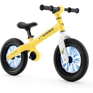 ROCKBROS Kids Balance Bike No Pedal Toddler Toy for 2-5 Years Old, 12″ Anti-Slip & Auto-Glow Wheels, Lightweight 7 lbs, Adjustable Seat (13.3-15.7″), Safe 360° Steering for Boys & Girls(Yellow)