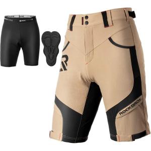 ROCKBROS Men’s Mountain Bike Shorts with Detachable 4D Padded Liner, Hook-&-Loop Waist & Zipper Pocket Lightweight Baggy(Khaki)