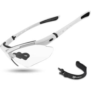 ROCKBROS Photochromic Sports Sunglasses Mens Pickleball Glasses Cycling Glasses MTB Sunglasses, with Removable Elasctic Band(White)