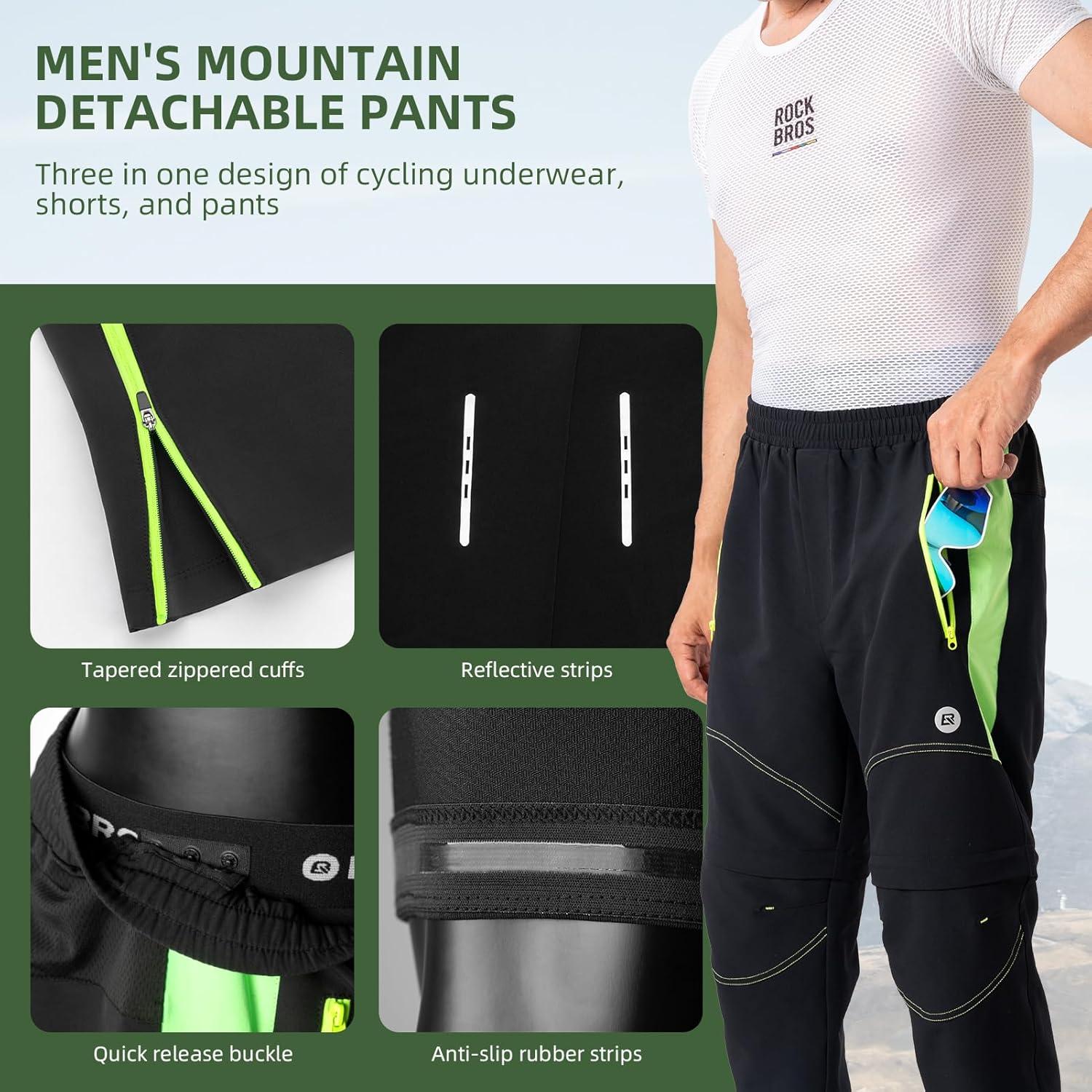 imageROCKBROS Mens Cycling Pants Detachable Shorts 3 in 1 Mountain Bike Hiking Gear Windproof Fleece Lined Running Ski Black