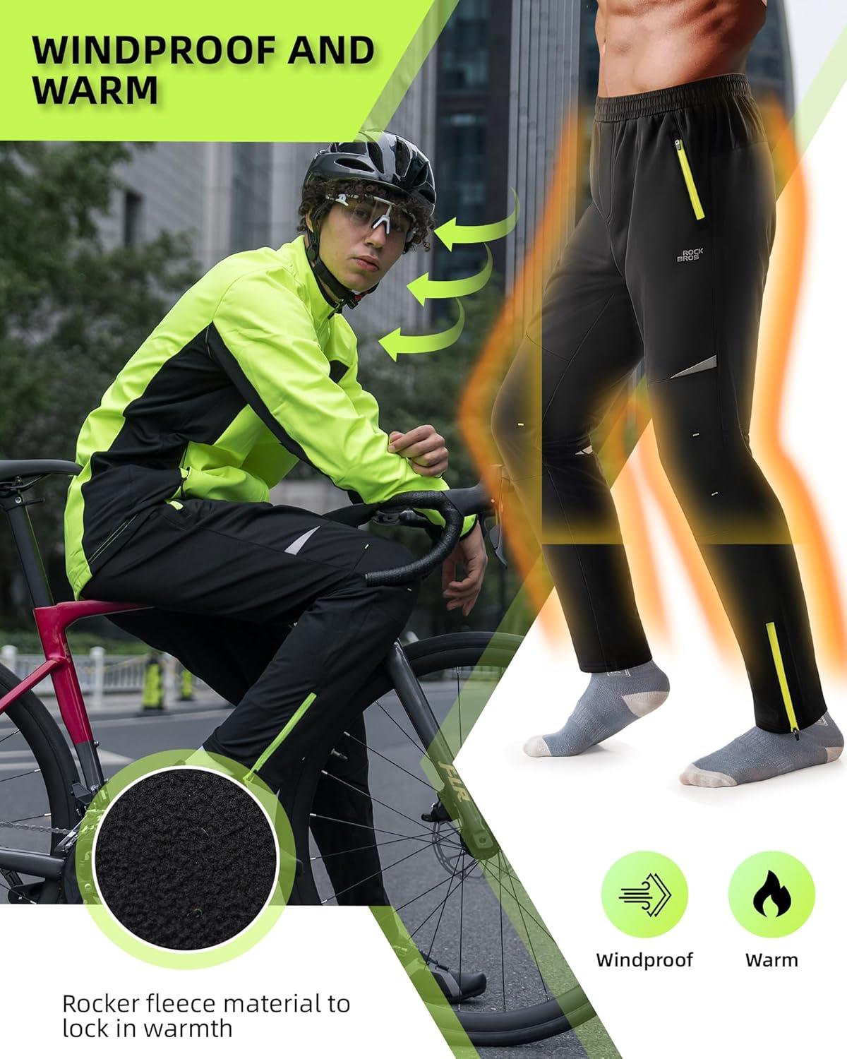 imageROCKBROS Winter Cycling Pants for Men Thermal Running Tights Cycling Tights Windproof Bike Pants Outdoor Hiking Gear