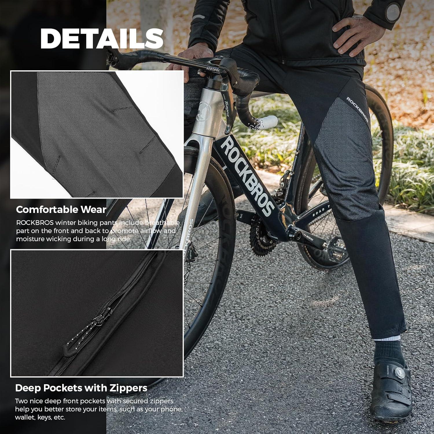 imageROCKBROS Winter Cycling Pants for Men Thermal Windproof Mountain Bike PantsBlack