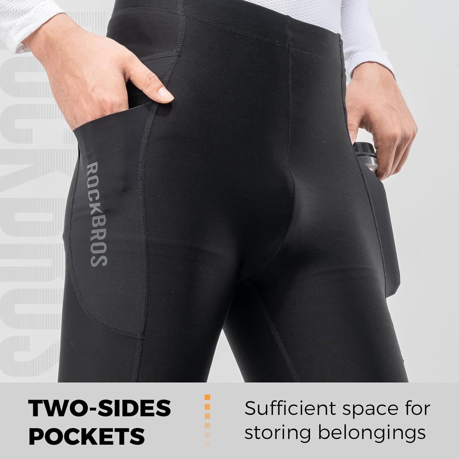 imageROCKBROS Winter Cycling PantsThermal Bike Pants for Men 3 Pockets Mountain Bike Pant Fleece Compression Leggings