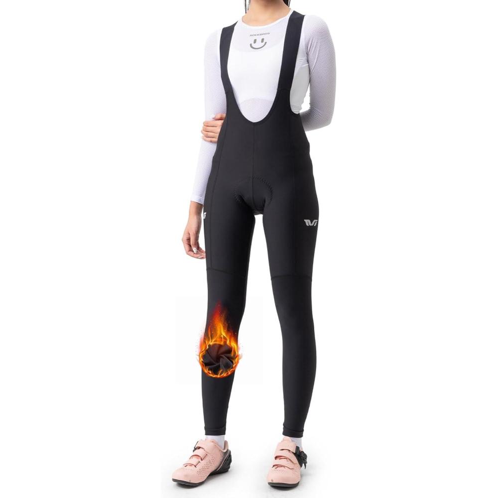 imageROCKBROS Cycling Bib Pants Women Padded Winter Bike Thermal Tights Fleece Lined Leggings with Back Pocket