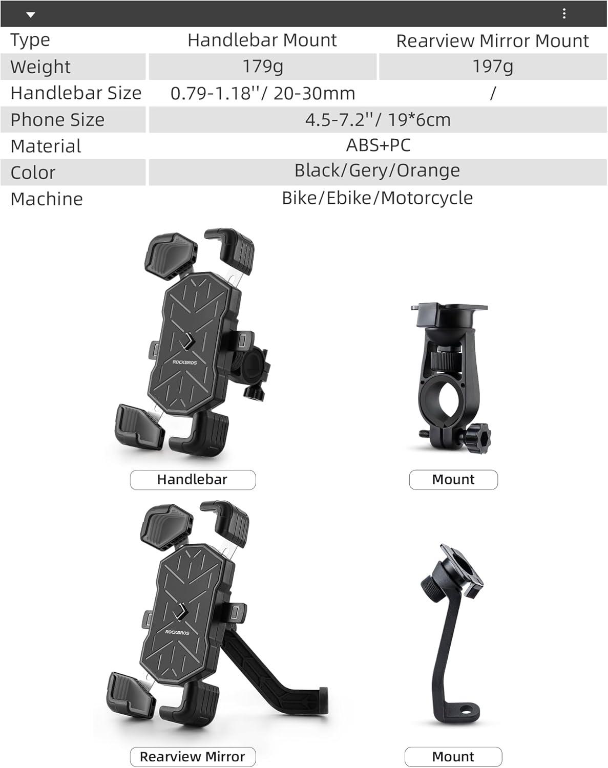 imageROCKBROS Bike Phone Holder Mount for 4571 Phones Quick Release Handlebar Clamp 360 Rotatable Motorcycle MountGrey