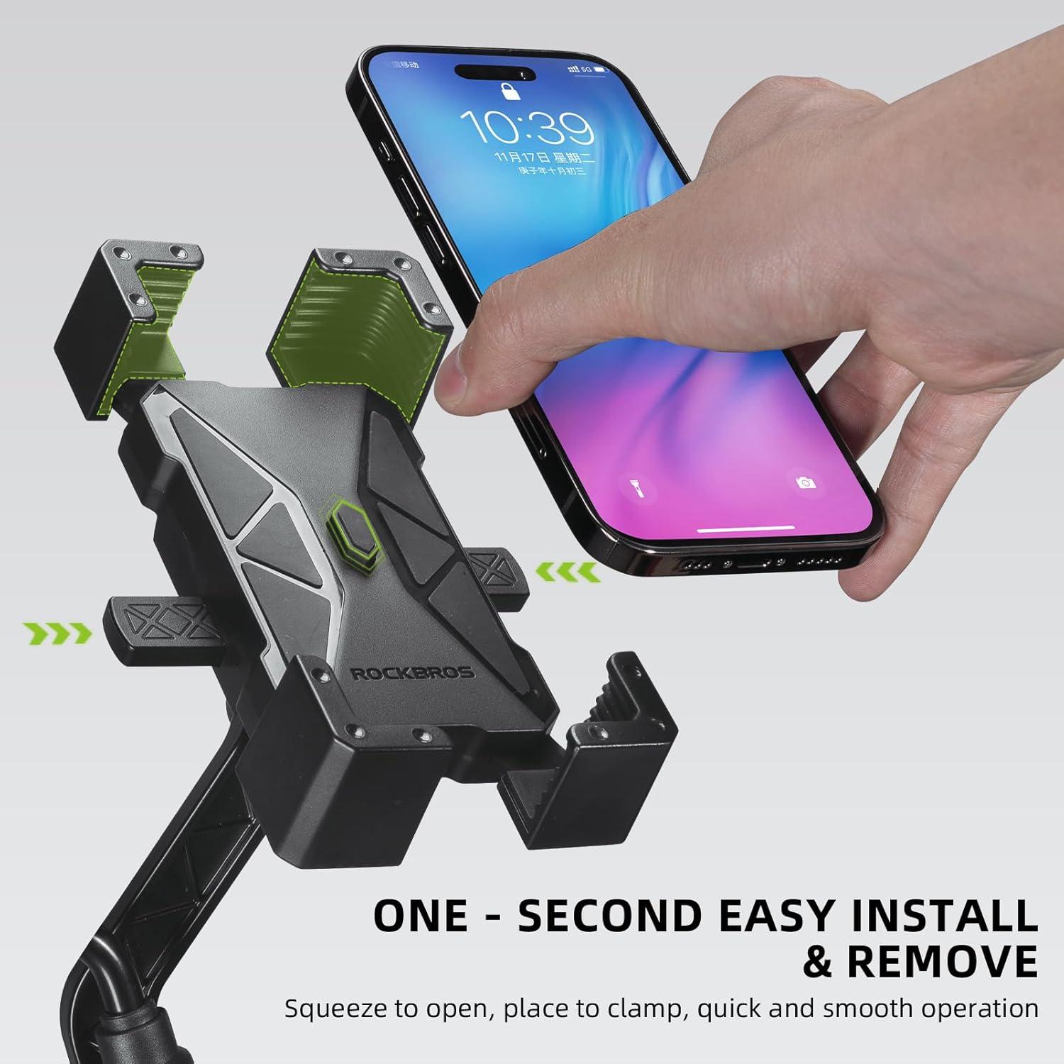 imageROCKBROS Bike Phone Mount HolderMotorcycle Phone Mount Phone Holder for Bike Motorcycle EBike Cell Phone Clamp for iPhone 16 15 Pro Max 1413 Galaxy S10 and More 4572Green