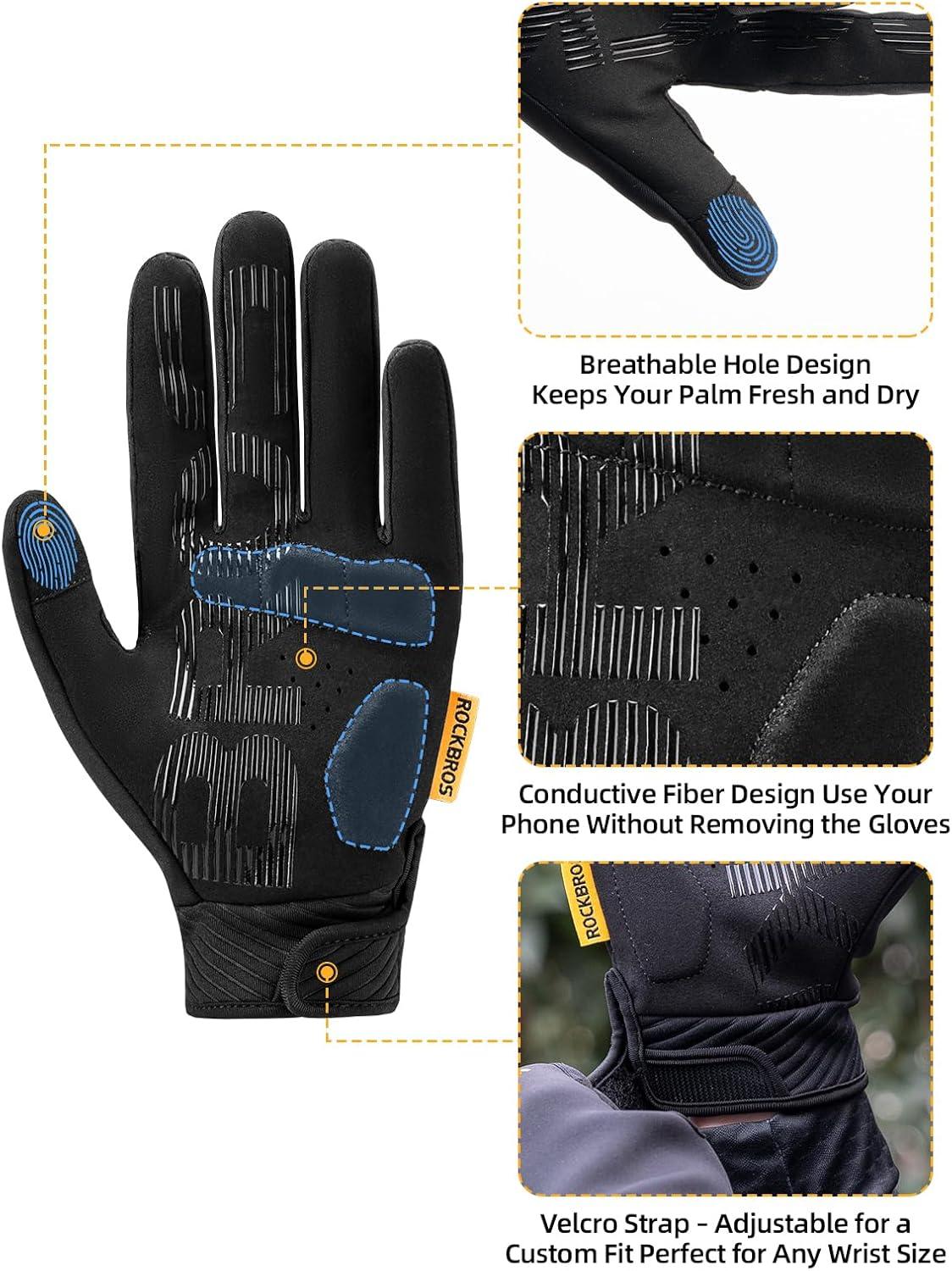 imageROCKBROS Cycling Gloves for Men Women Cold Weather Touchscreen Motorcycle Mountain Bike Gloves Full Finger Bike Gloves SBR Pad Biking Gloves for Men Bicycle GlovesUS XSAsian S