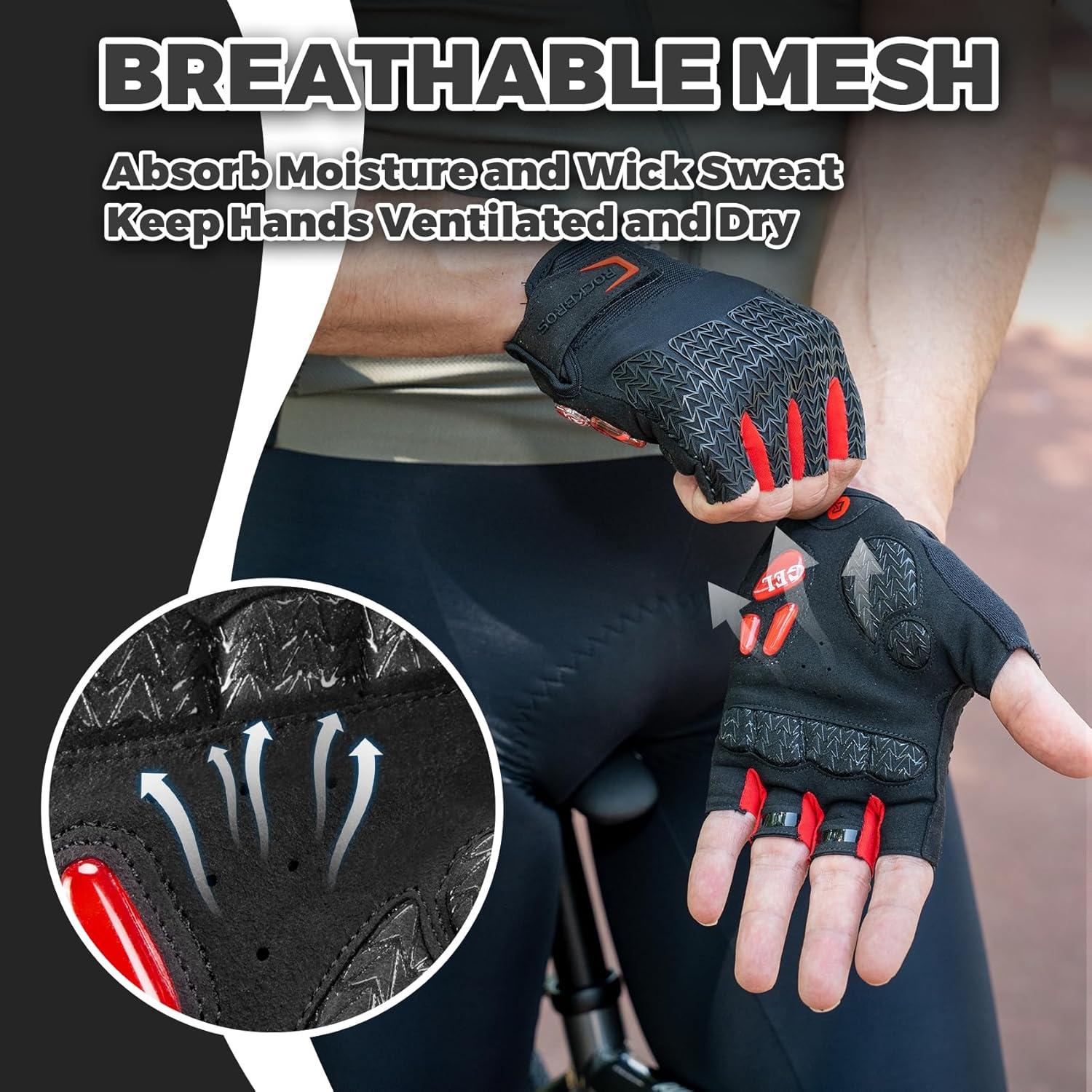 imageROCKBROS Cycling Gloves for Men Women with AntiSlip ShockAbsorbing Pad Fingerless Bike Gloves Light Weight Breathable Biking GlovesHalf Red