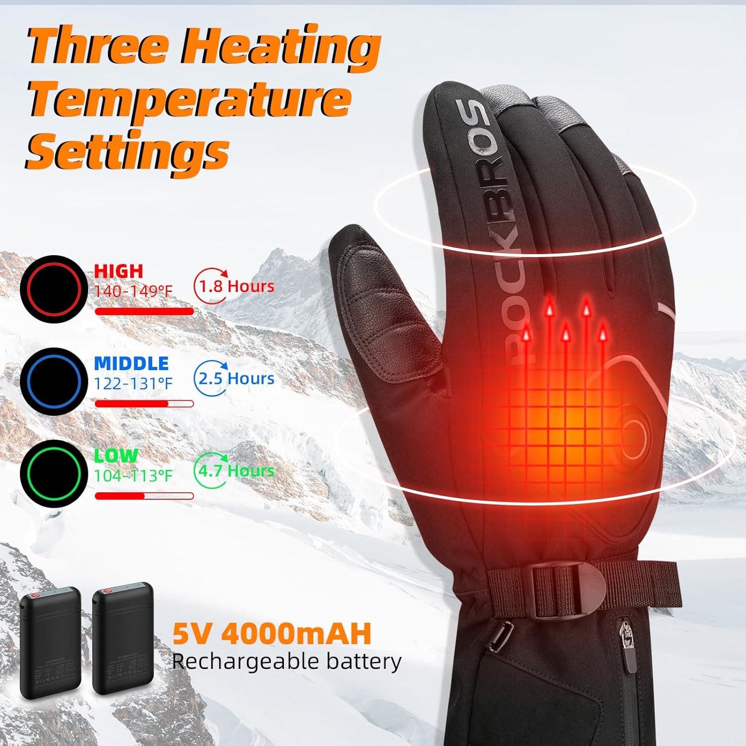 imageROCKBROS Heated Gloves for Men Women Rechargeable Battery Electric Heated Gloves Winter Heated Motorcycle Gloves Touchscreen for Cycling Skiing SnowboardingLarge