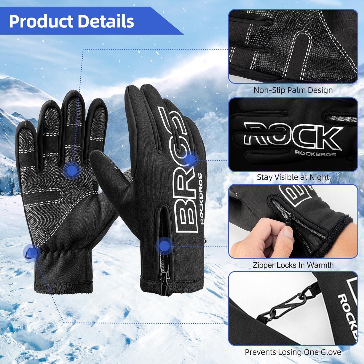 imageROCKBROS Winter Cycling Gloves for Men Women Water Resistant Touch Screen Gloves ShockAbsorbing Full Finger Biking Glove AntiSlip Motorcycle Mountain Bike Gloves for Fishing Driving Golfing
