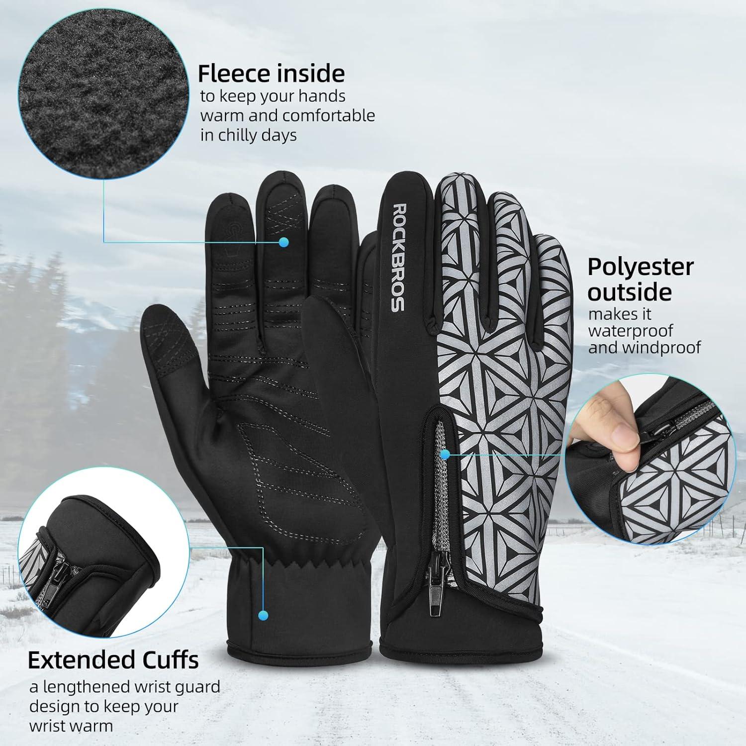 imageROCKBROS Winter Cycling Gloves for Men Women Winter Fleece Full Finger Bike Gloves Touch Screen Road Mountain Bicycle Glovesblack white