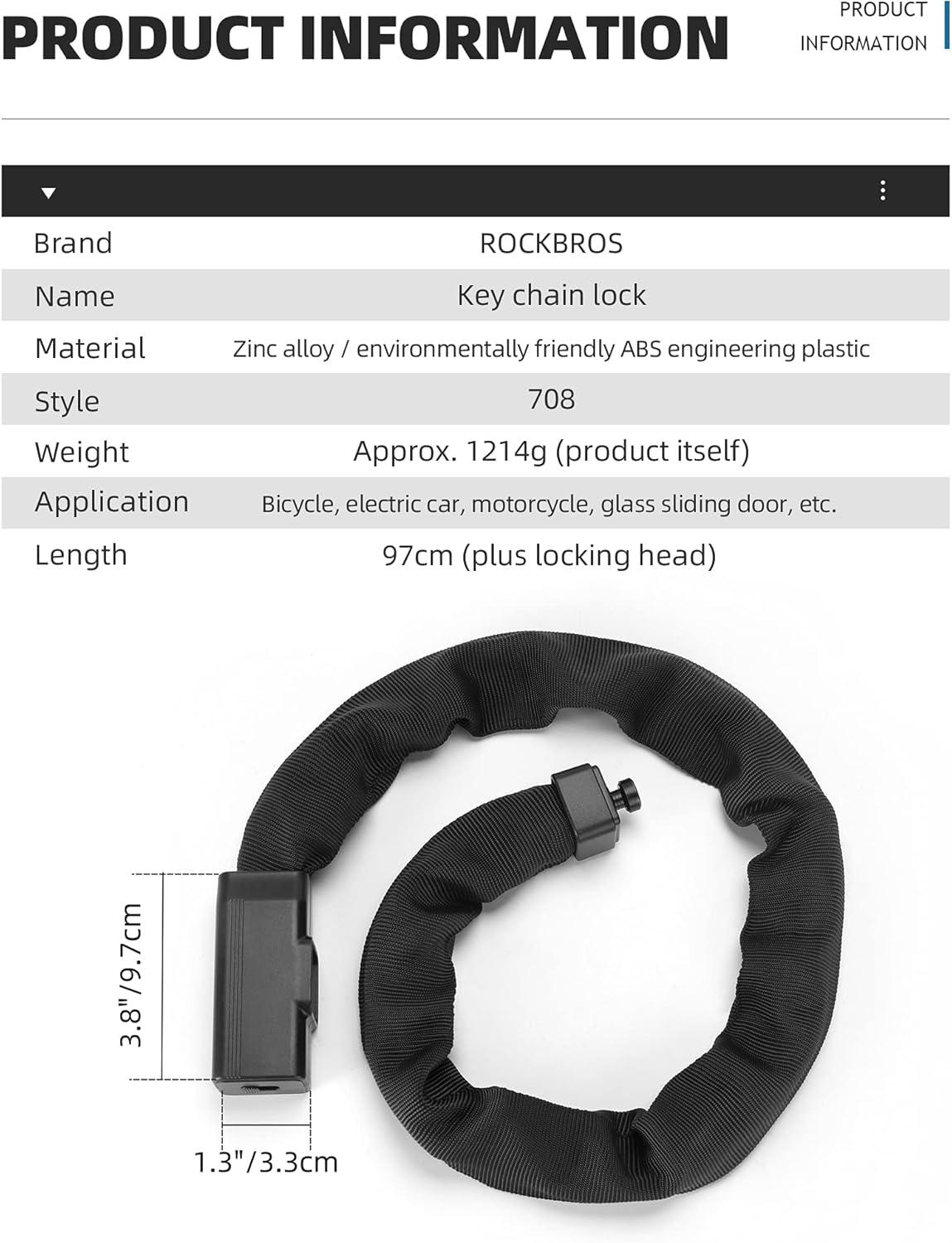 imageROCKBROS Bike Chain Lock 318ft Heavy Duty Motorcycle Chain Locks 8mm Thick AntiTheft Security Bicycle Lock with 2 Keys for Mountain Road Electric Bike Motorcycles Scooter Door Gates