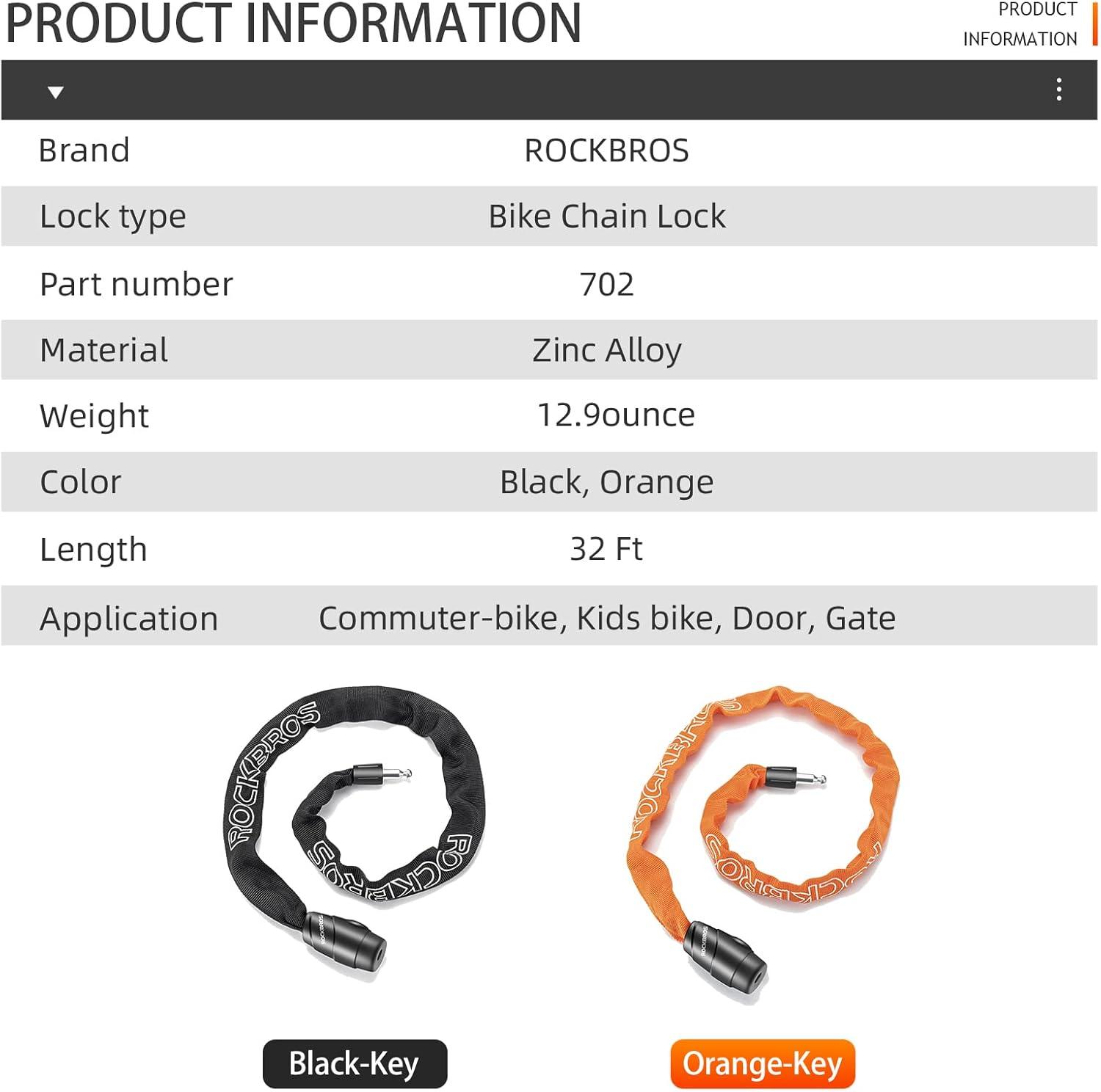 imageROCKBROS Bike Chain Lock Heavy Duty Anti Theft 3 Ft Long 5mm Thick Bicycle Lock with Key Set Cut Proof for Door FenceOrangeKey