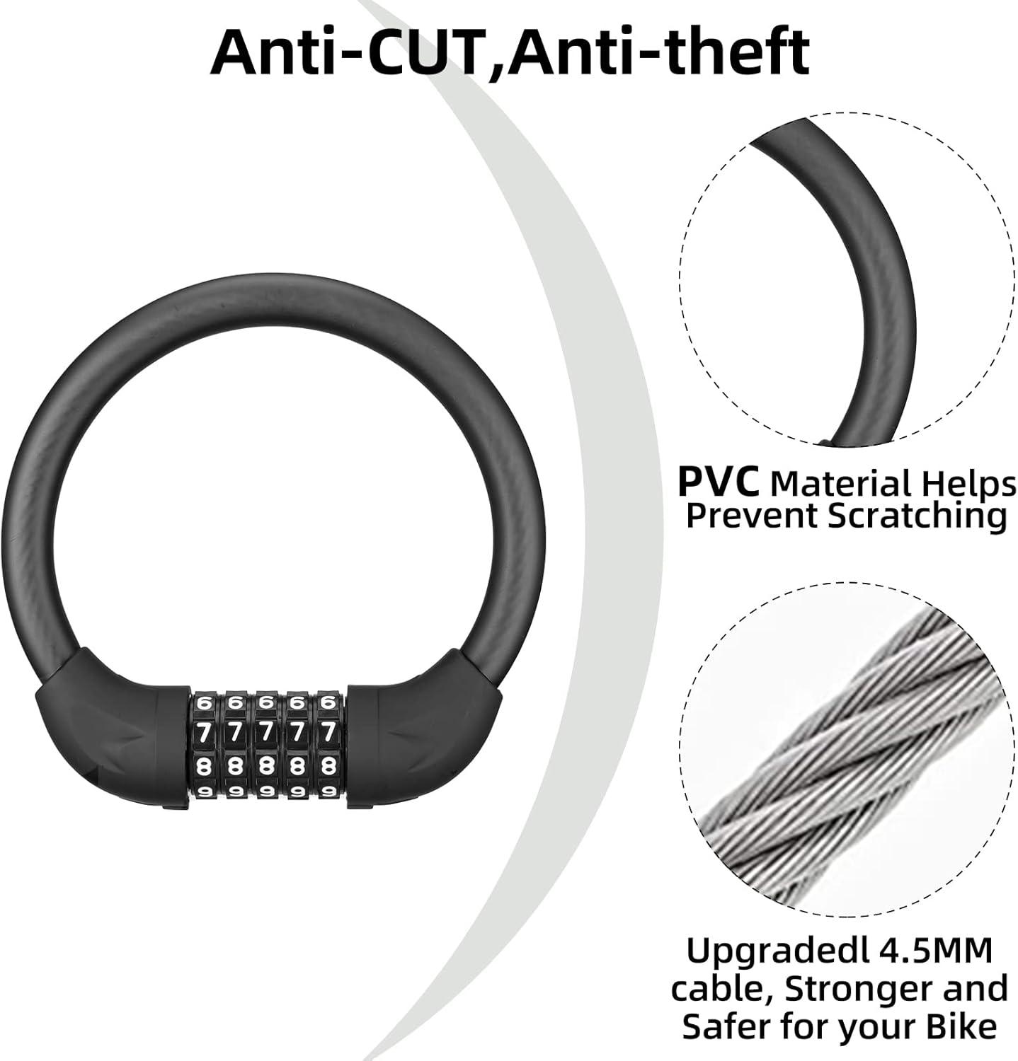 imageROCKBROS Bike Lock Cable 5 Digit Combination Bike Cable Lock AntiTheft Lightweight amp Small Bike Lock Black