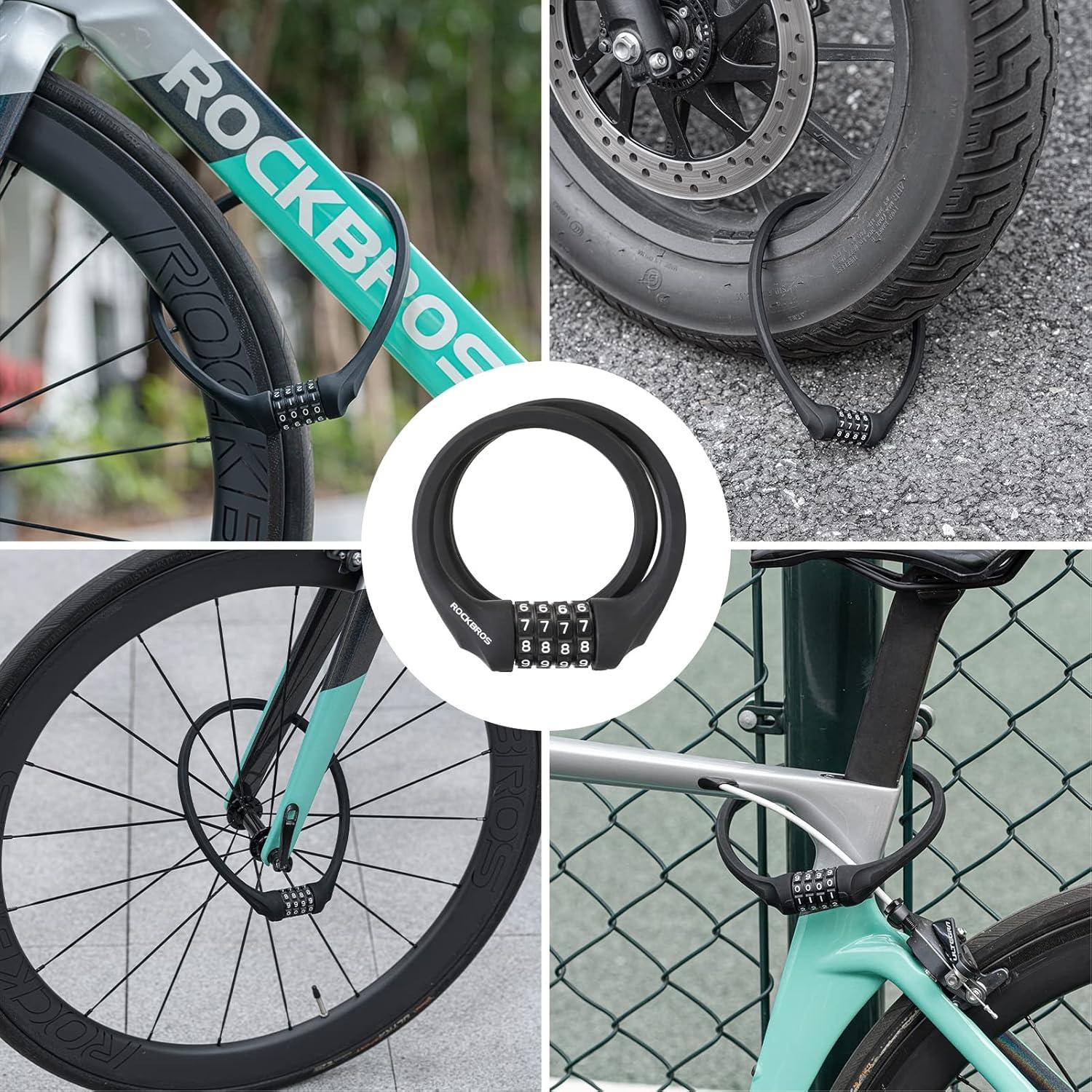 imageROCKBROS Bike Lock Cable Locks with Combination Anti Theft 4 Digit Combination Bike Lock Lightweight Bicycle Lock Silicone Cable Lock 183 FeetBlack