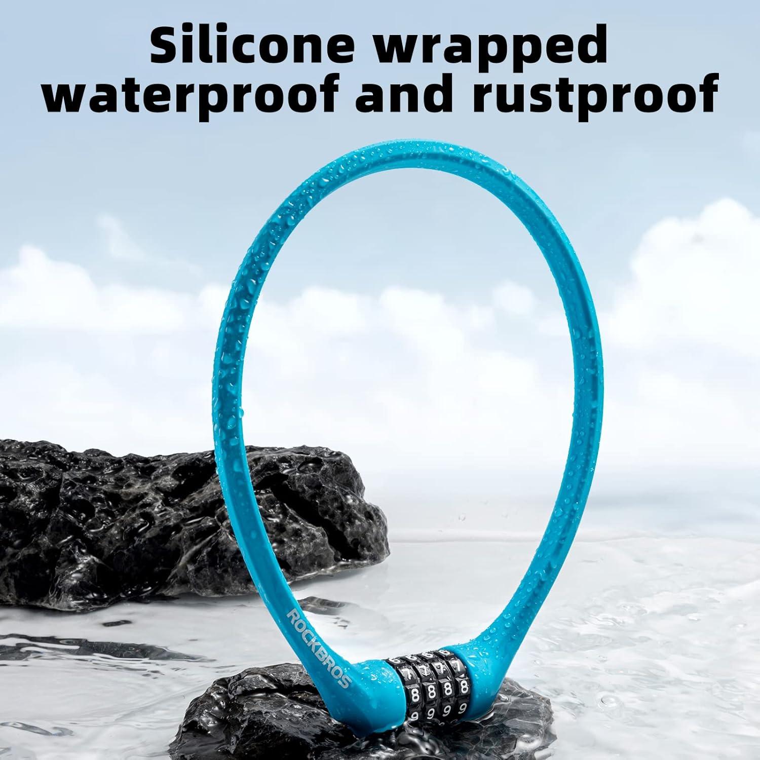 imageROCKBROS Bike Lock Cable Locks with Combination Anti Theft 4 Digit Combination Bike Lock Lightweight Bicycle Lock Silicone Cable Lock 183 FeetBlue