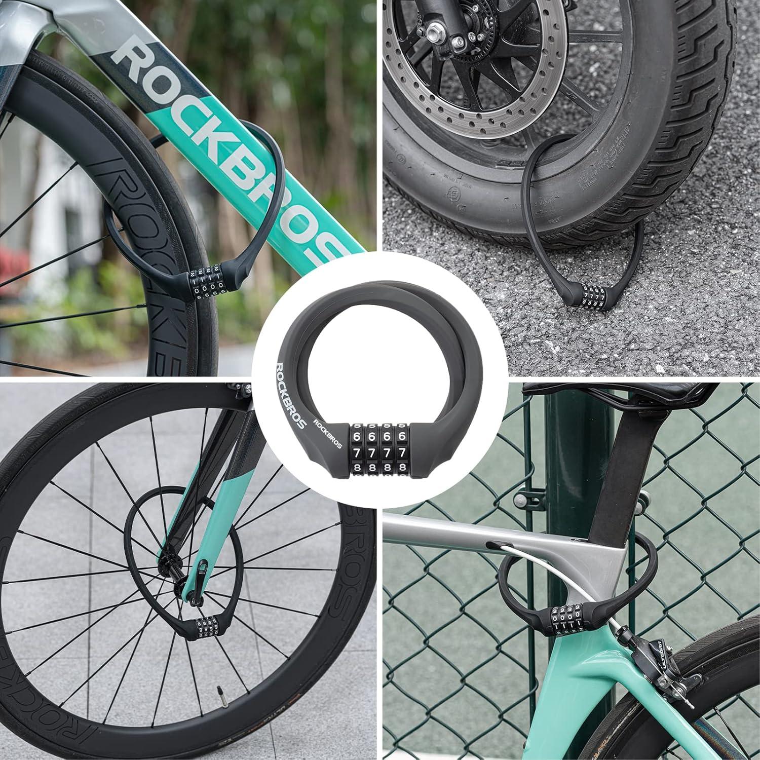 imageROCKBROS Bike Lock Cable Locks with Combination Anti Theft 4 Digit Combination Bike Lock Lightweight Bicycle Lock Silicone Cable Lock 183 FeetGray