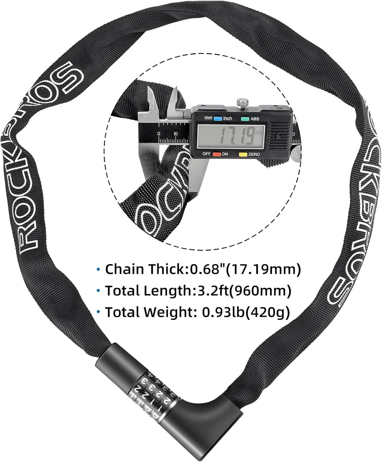 imageROCKBROS Heavy Duty AntiTheft Bike Lock 32FT Security Bicycle Chain Lock with Resettable Combination and 2 Keys for Bikes Motorcycle Door Gate Fence Grill