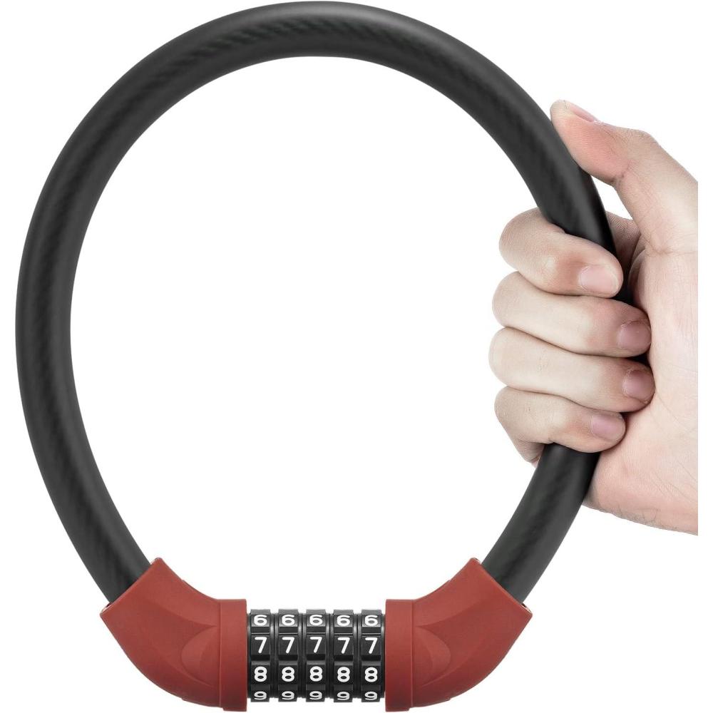 imageROCKBROS Bike Lock 5 Digit Cable Lock Lightweight Bicycle Lock Bike Lock Combination Portable Lock for Bike 22inch BlackRed