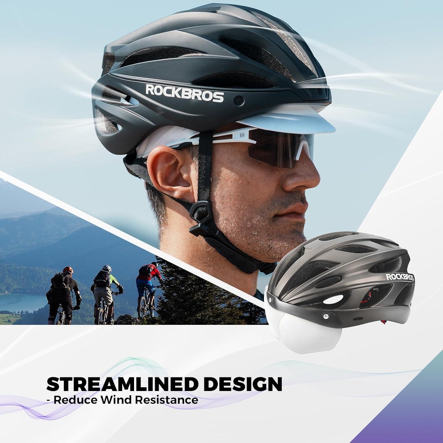 imageROCKBROS Bike Helmet for Adult Men Women with Suggested Fit 5865cm Detachable Magnetic Goggles amp Sun Visor Lightweight with Adjustable Side and Chin Strap Suitable for Myopia GlassesTi 5862cm