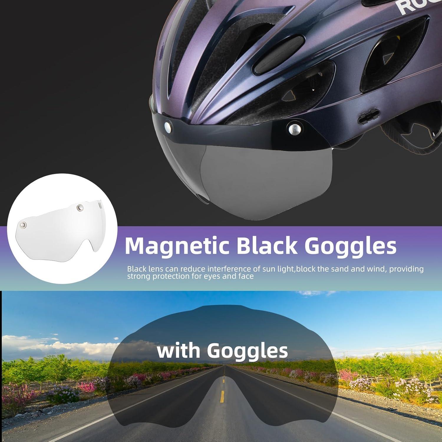 imageROCKBROS Bike Helmet for Adult Men Women with Suggested Fit 5865cm Detachable Magnetic Goggles amp Sun Visor Lightweight with Adjustable Side and Chin Strap Suitable for Myopia GlassesChameleon Purple 5862cm