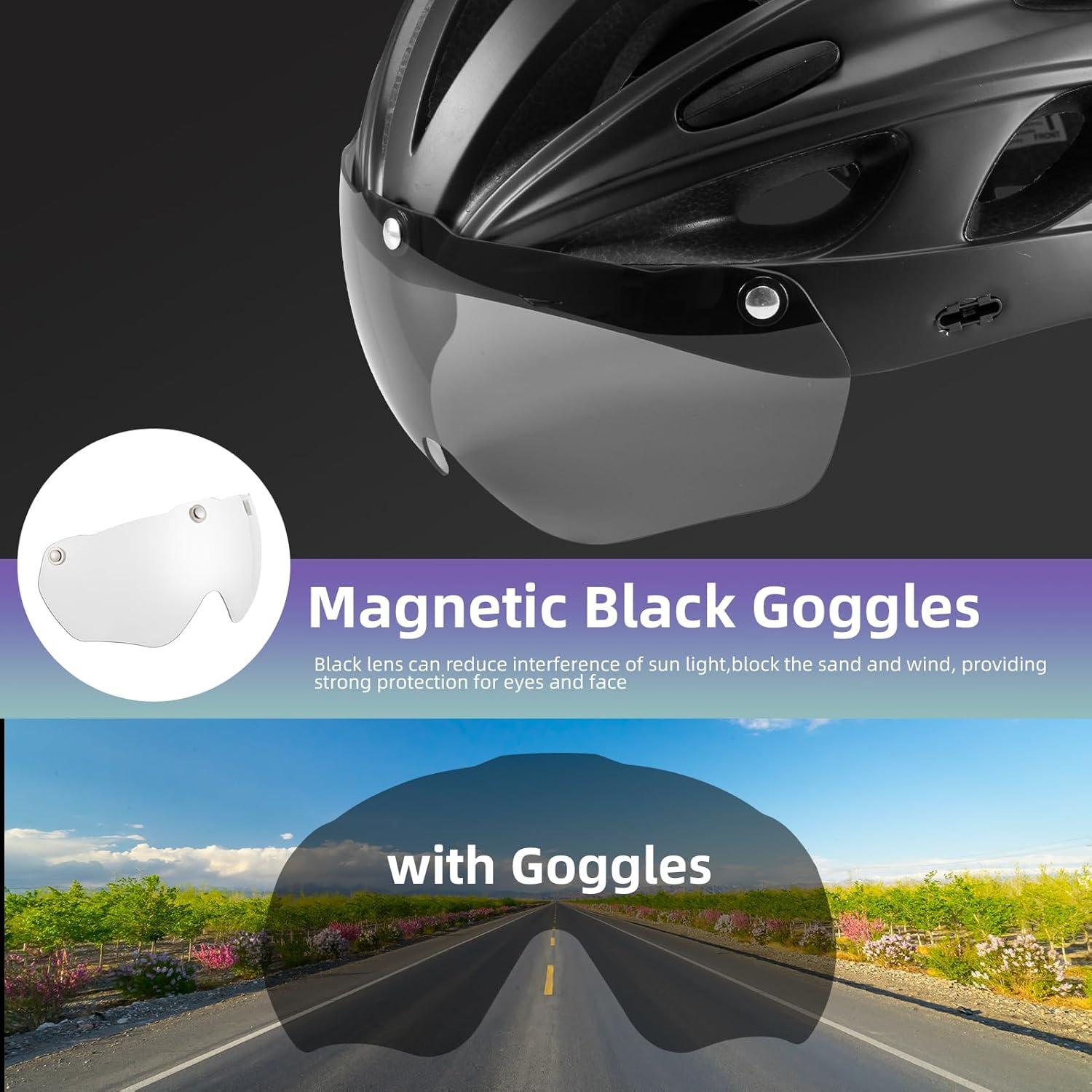 imageROCKBROS Bike Helmet for Adult Men Women with Suggested Fit 5865cm Detachable Magnetic Goggles amp Sun Visor Lightweight with Adjustable Side and Chin Strap Suitable for Myopia GlassesBlack 5862cm