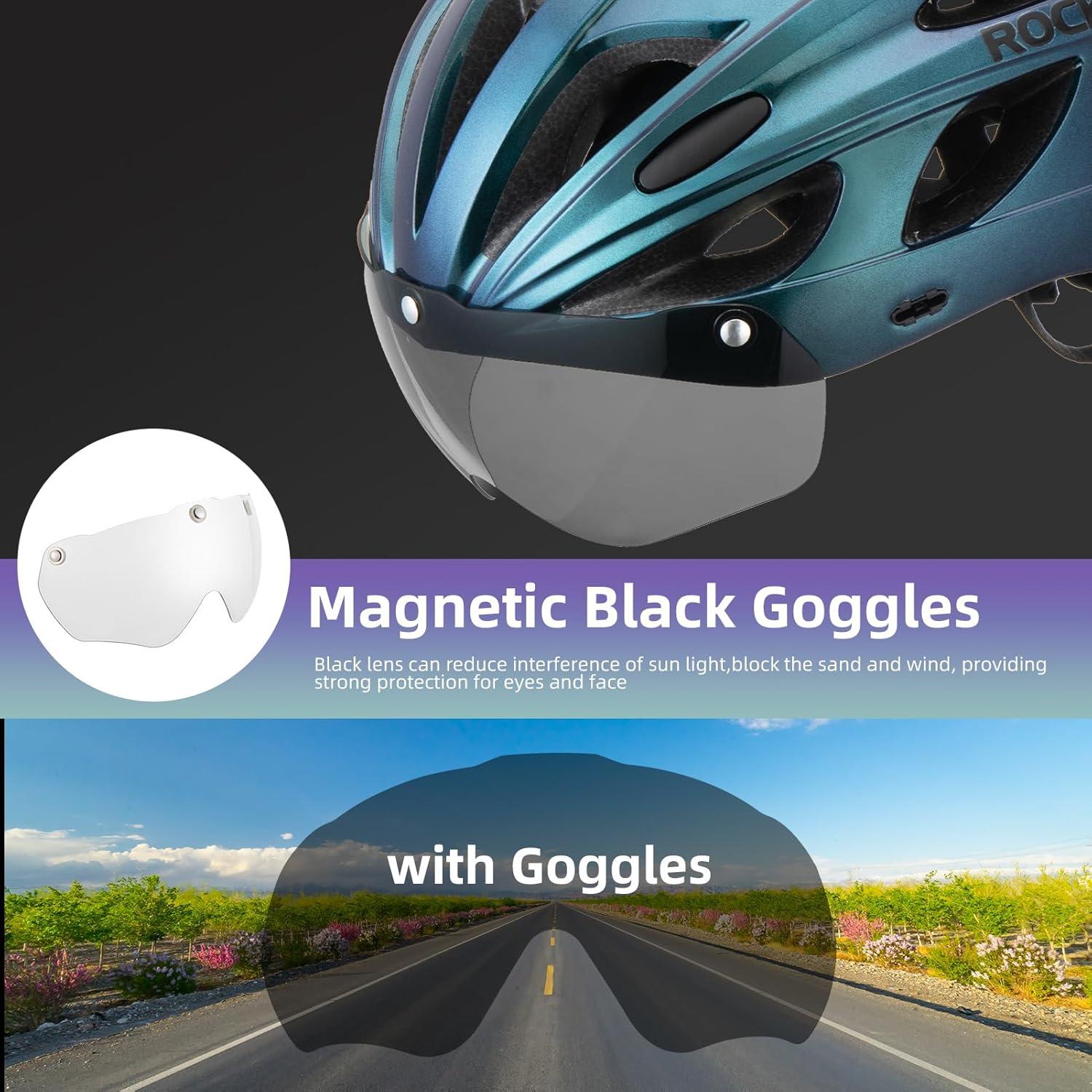 imageROCKBROS Bike Helmet for Adult Men Women with Suggested Fit 5865cm Detachable Magnetic Goggles amp Sun Visor Lightweight with Adjustable Side and Chin Strap Suitable for Myopia GlassesChameleon Blue 5862cm