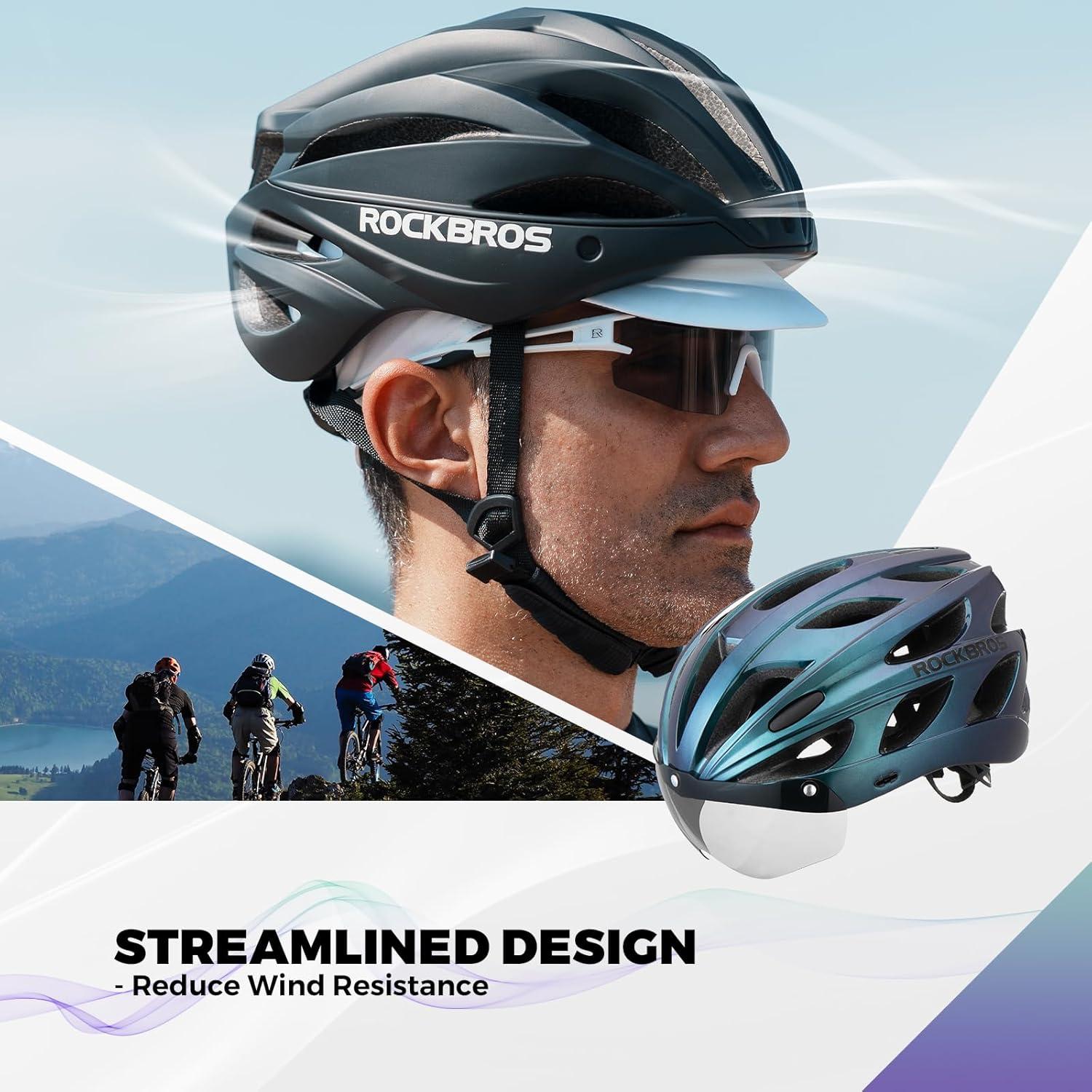 imageROCKBROS Bike Helmet for Adult Men Women with Suggested Fit 5865cm Detachable Magnetic Goggles amp Sun Visor Lightweight with Adjustable Side and Chin Strap Suitable for Myopia GlassesChameleon Blue 5862cm