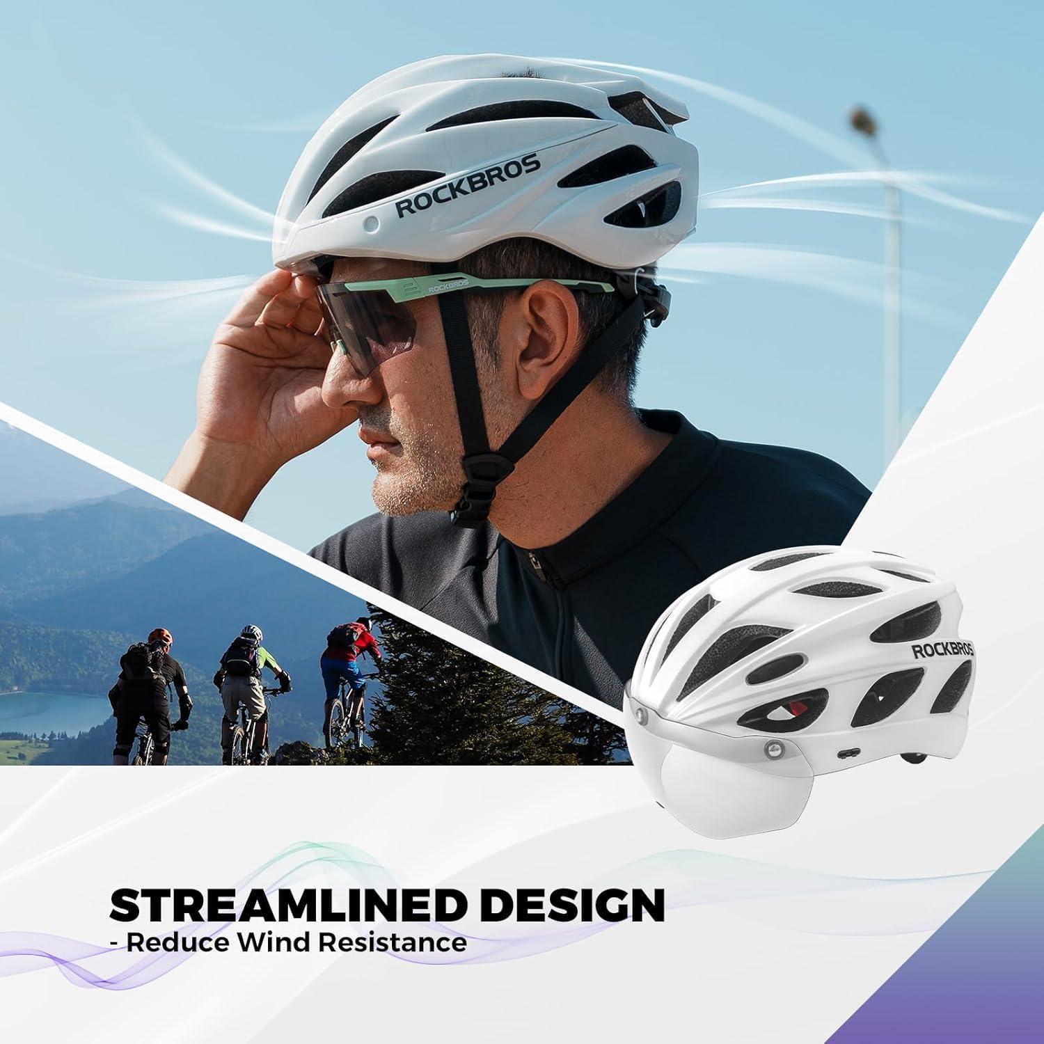 imageROCKBROS Bike Helmet for Adult Men Women with Suggested Fit 5865cm Detachable Magnetic Goggles amp Sun Visor Lightweight with Adjustable Side and Chin Strap Suitable for Myopia GlassesWhite 5862cm