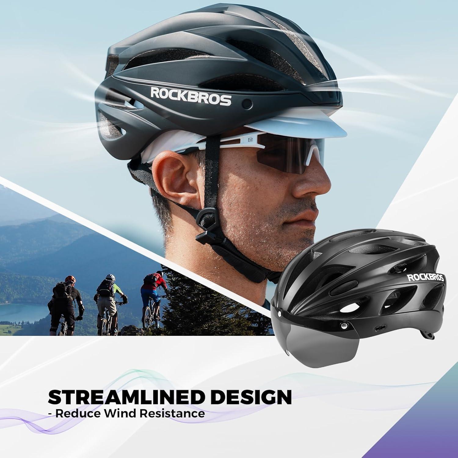 imageROCKBROS Bike Helmet for Adult Men Women with Suggested Fit 5865cm Detachable Magnetic Goggles amp Sun Visor Lightweight with Adjustable Side and Chin Strap Suitable for Myopia GlassesBlack 5862cm