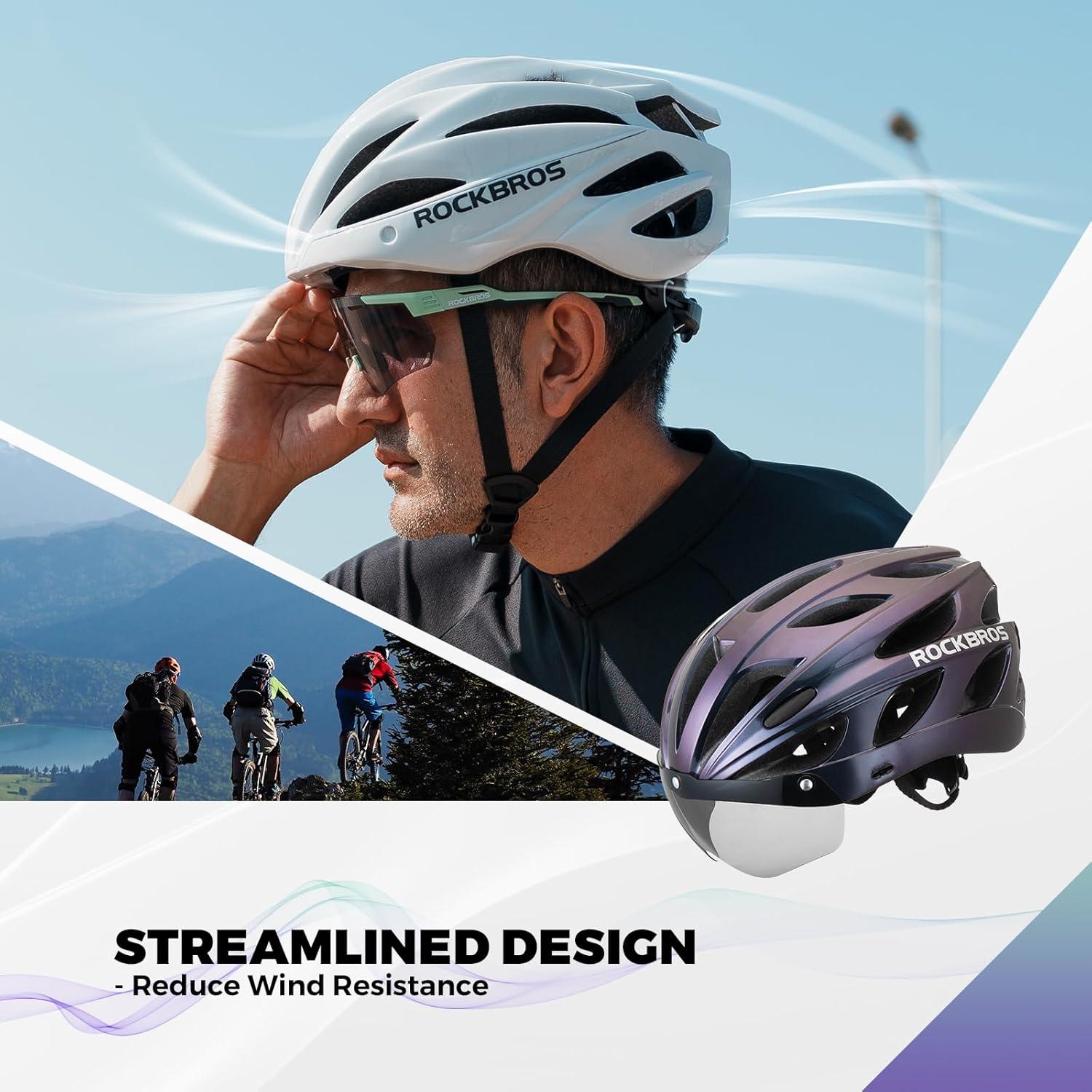 imageROCKBROS Bike Helmet for Adult Men Women with Suggested Fit 5865cm Detachable Magnetic Goggles amp Sun Visor Lightweight with Adjustable Side and Chin Strap Suitable for Myopia GlassesChameleon Purple 5862cm