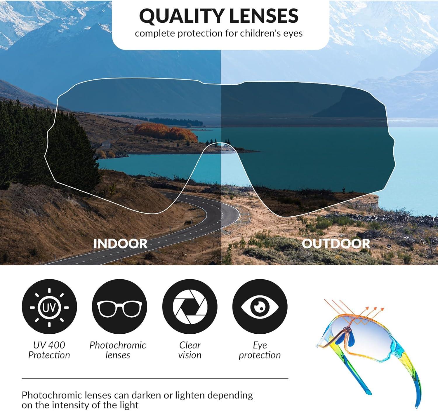 imageROCKBROS Kids Photochromic Cycling Glasses UV400 Clear to Dark Transition Sports Sunglasses for Youth Boys Girls Age 814Glossy Blue Photochromic