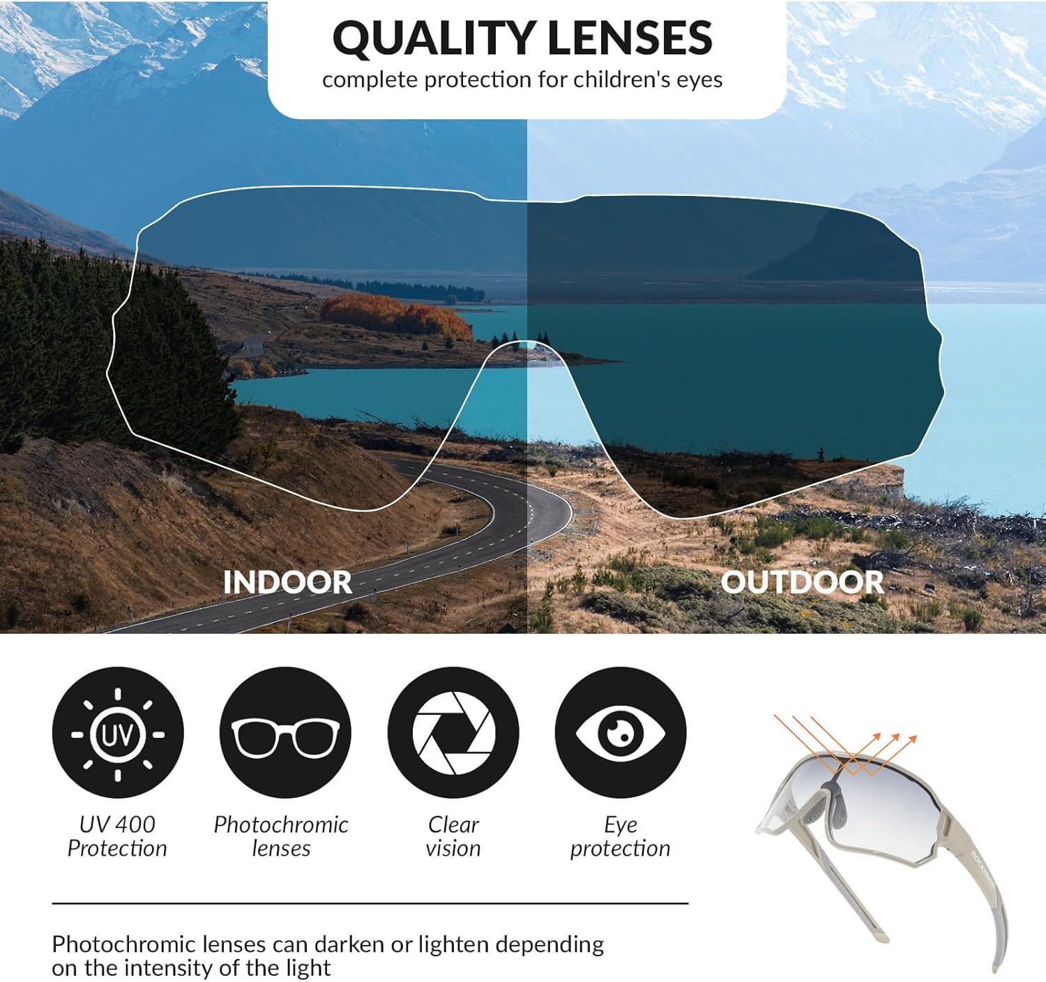 imageROCKBROS Kids Photochromic Cycling Glasses UV400 Clear to Dark Transition Sports Sunglasses for Youth Boys Girls Age 814Glossy Grey Photochromic