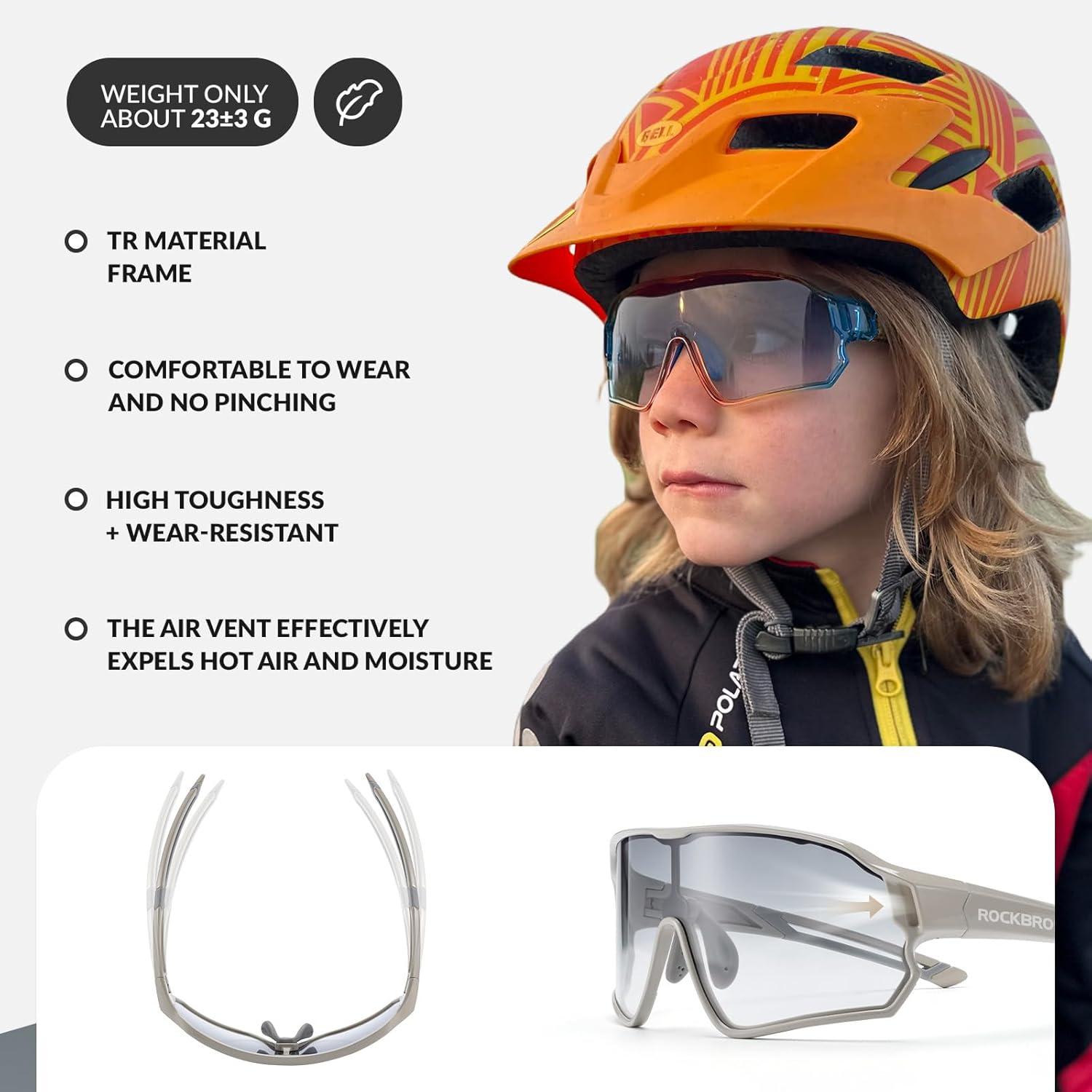 imageROCKBROS Kids Photochromic Cycling Glasses UV400 Clear to Dark Transition Sports Sunglasses for Youth Boys Girls Age 814Glossy Grey Photochromic