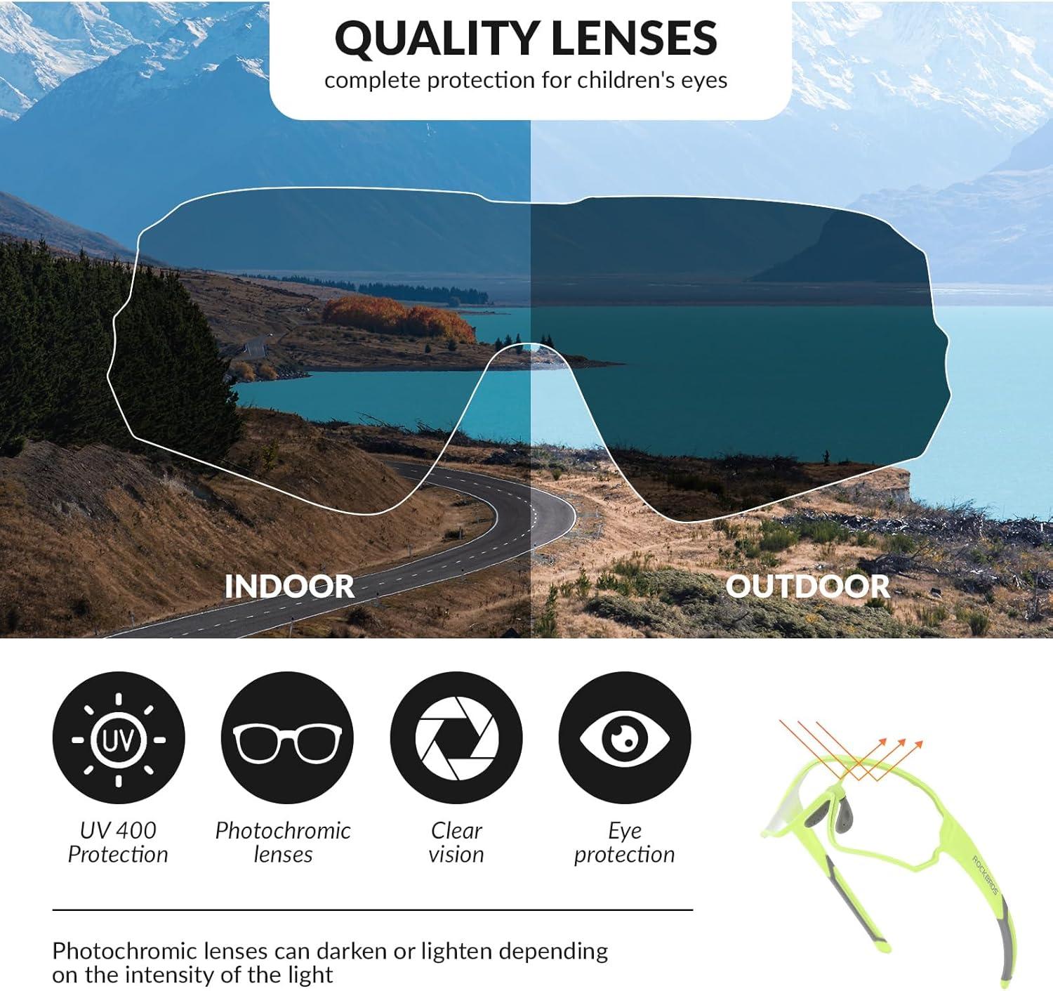 imageROCKBROS Kids Photochromic Cycling Glasses UV400 Clear to Dark Transition Sports Sunglasses for Youth Boys Girls Age 814Matte Green Photochromic