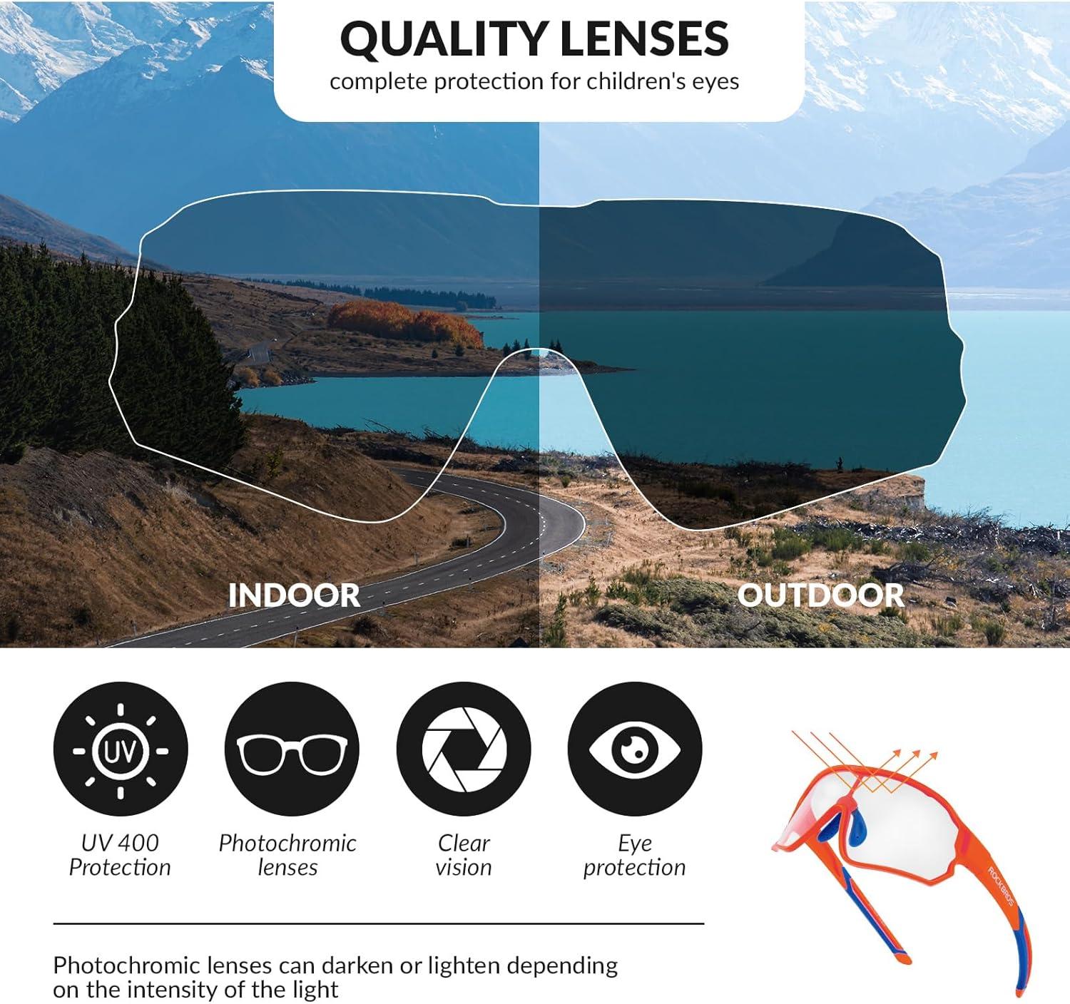 imageROCKBROS Kids Photochromic Cycling Glasses UV400 Clear to Dark Transition Sports Sunglasses for Youth Boys Girls Age 814Matte Orange Photochromic