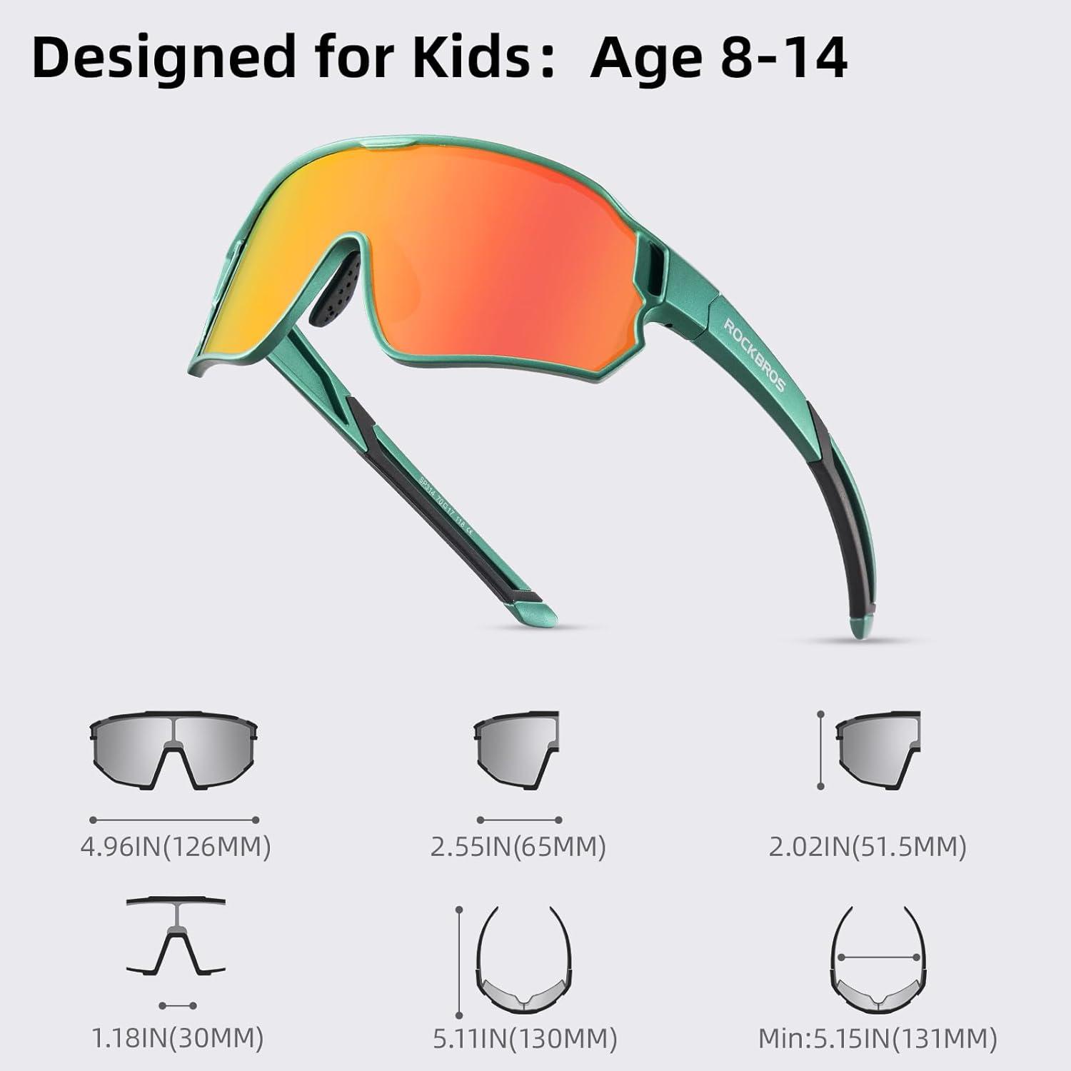 imageROCKBROS Kids Polarized Sunglasses Cycling Glasses Sport Sunglasses UV400 Protection for Youth Boys Girls Age 814Green