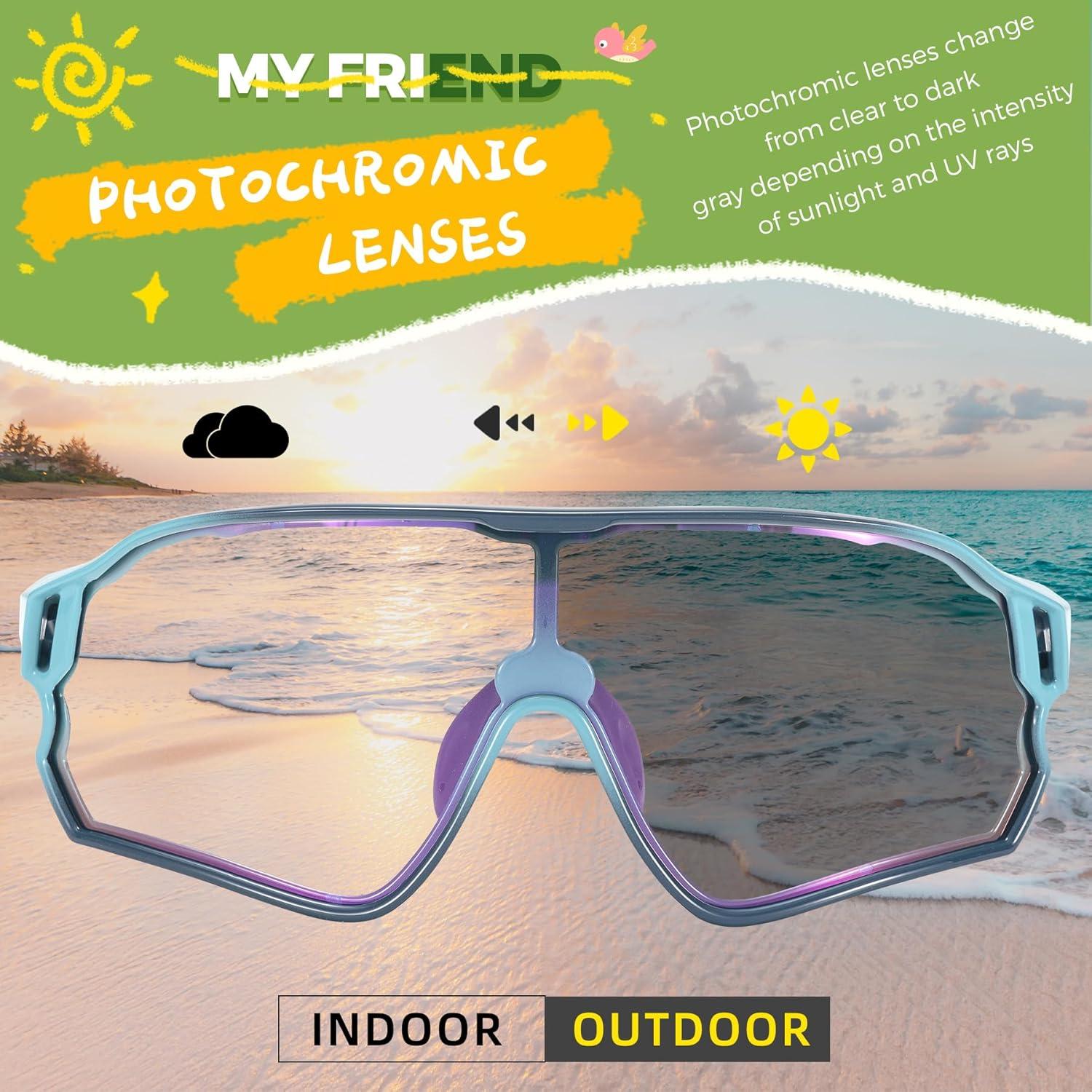 imageROCKBROS Photochromic Sports Kids Sunglasses For Boys Girls Children Youth MTB Biking Sunglasses for Kids Ages 8 to 14Biue