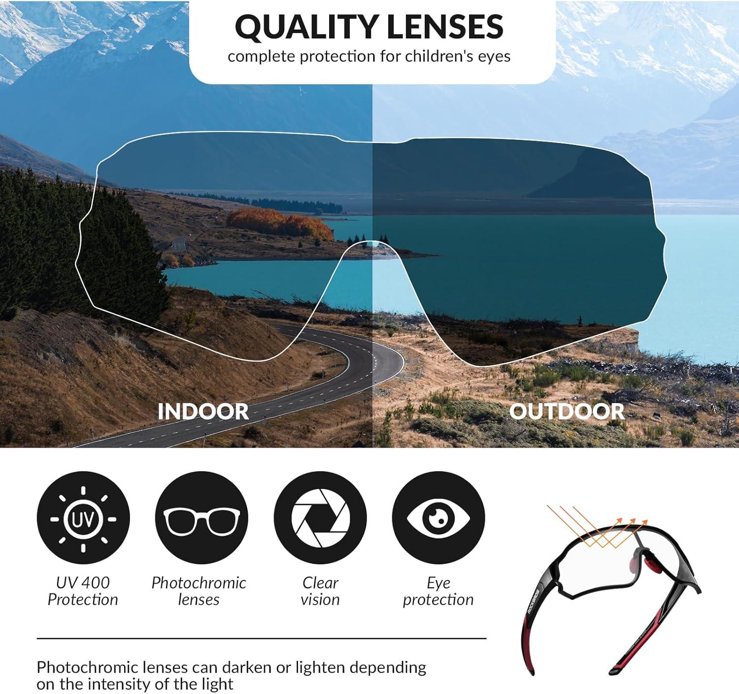 imageROCKBROS Photochromic Sports Kids Sunglasses For Boys Girls Children Youth MTB Biking Sunglasses for Kids Ages 8 to 14Black Sand