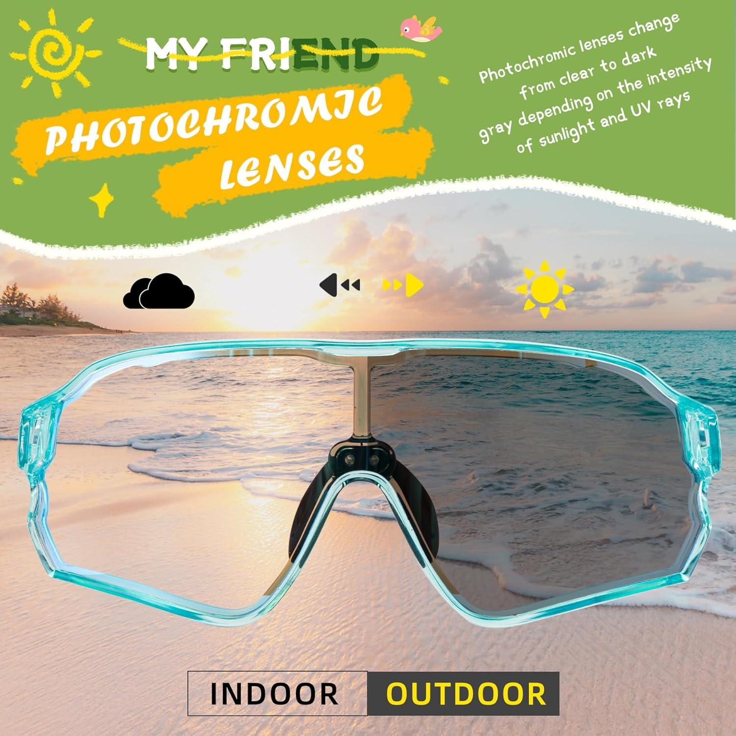 imageROCKBROS Photochromic Sports Kids Sunglasses For Boys Girls Children Youth MTB Biking Sunglasses for Kids Ages 8 to 14Green