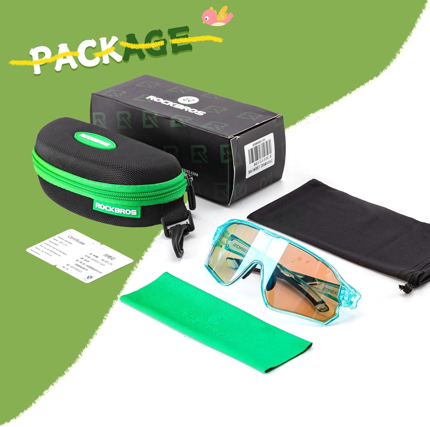 imageROCKBROS Photochromic Sports Kids Sunglasses For Boys Girls Children Youth MTB Biking Sunglasses for Kids Ages 8 to 14Green