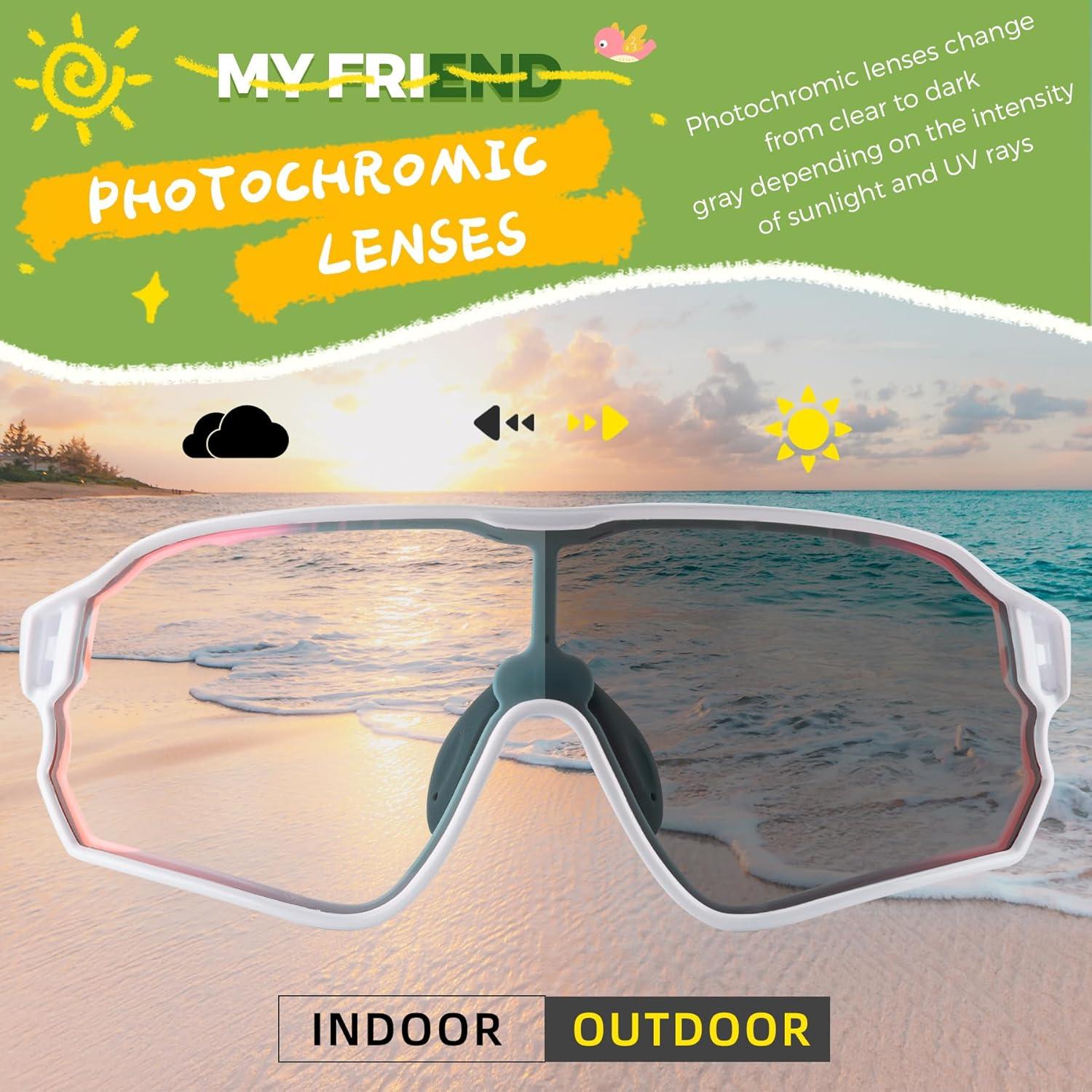 imageROCKBROS Photochromic Sports Kids Sunglasses For Boys Girls Children Youth MTB Biking Sunglasses for Kids Ages 8 to 14White