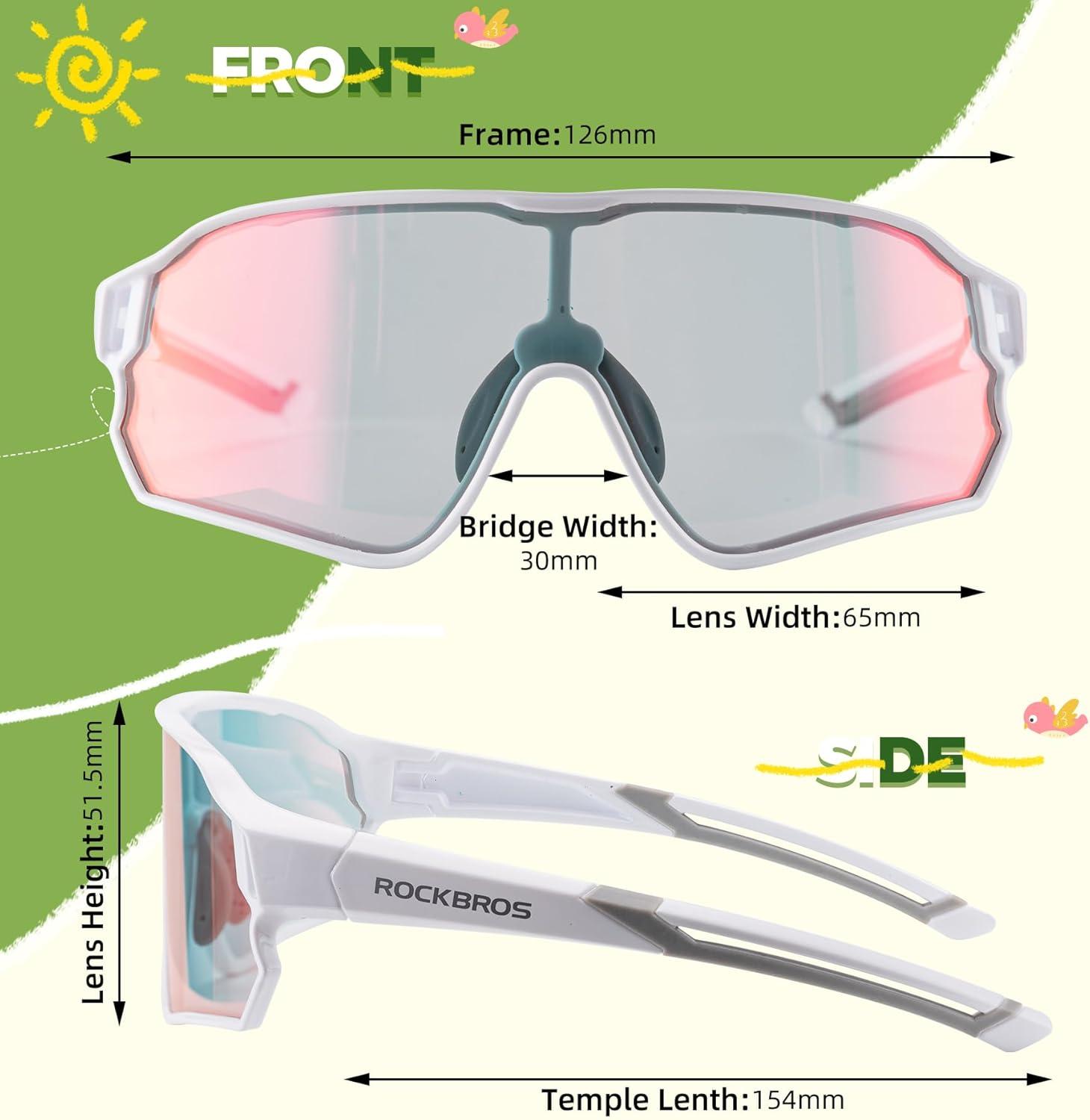 imageROCKBROS Photochromic Sports Kids Sunglasses For Boys Girls Children Youth MTB Biking Sunglasses for Kids Ages 8 to 14White