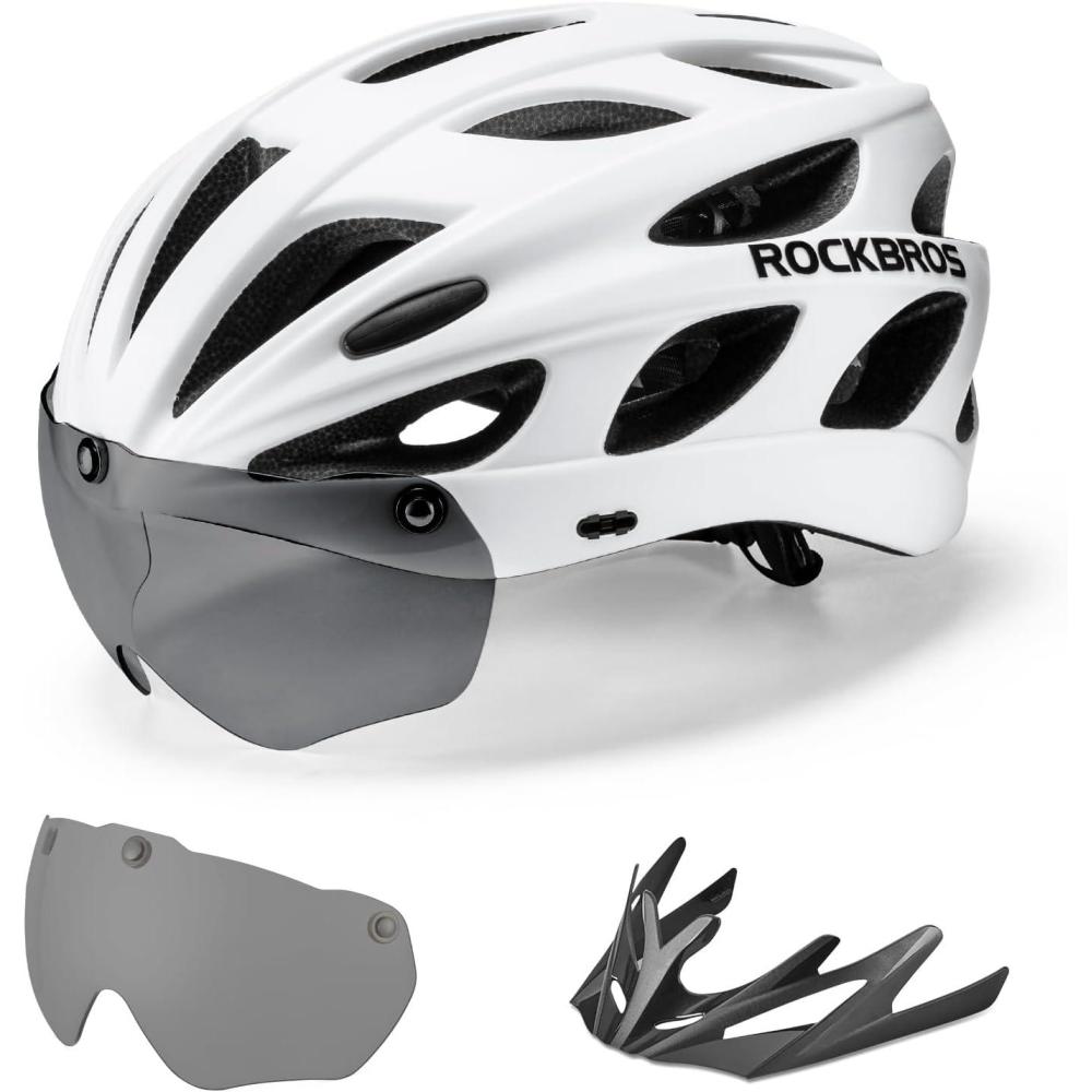 imageROCKBROS Bike Helmet for Adult Men Women with Suggested Fit 5865cm Detachable Magnetic Goggles amp Sun Visor Lightweight with Adjustable Side and Chin Strap Suitable for Myopia GlassesWhite 5862cm