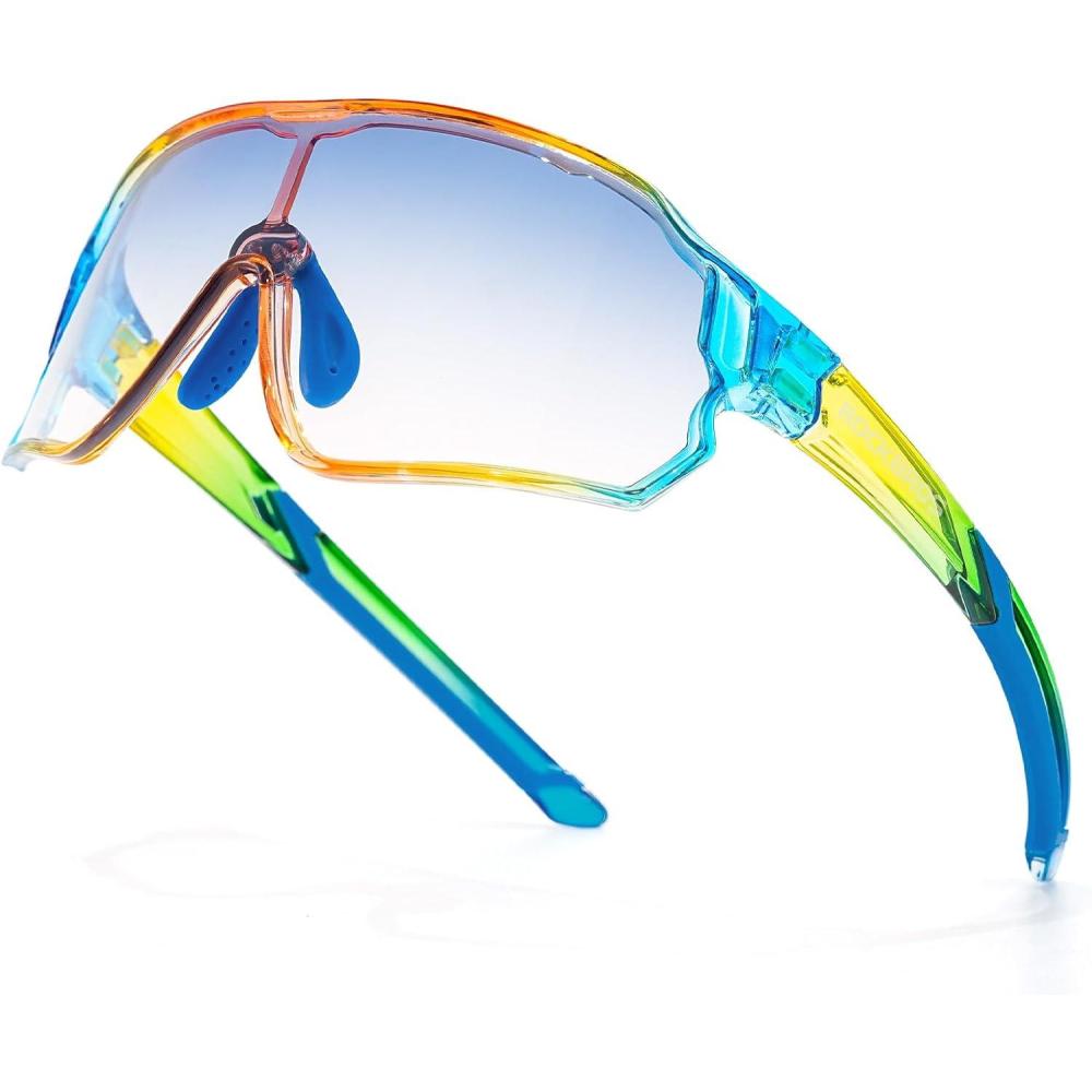 imageROCKBROS Kids Photochromic Cycling Glasses UV400 Clear to Dark Transition Sports Sunglasses for Youth Boys Girls Age 814Glossy Blue Photochromic