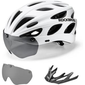 ROCKBROS Bike Helmet for Adult Men Women with Suggested Fit 58-65cm, Detachable Magnetic Goggles & Sun Visor, Lightweight with Adjustable Side and Chin Strap, Suitable for Myopia Glasses(White (58-62cm))