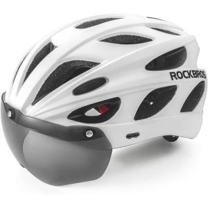ROCKBROS Bike Helmet for Adult Men Women with Suggested Fit 58-65cm, Detachable Magnetic Goggles & Sun Visor, Lightweight with Adjustable Side and Chin Strap, Suitable for Myopia Glasses(White (58-65cm))