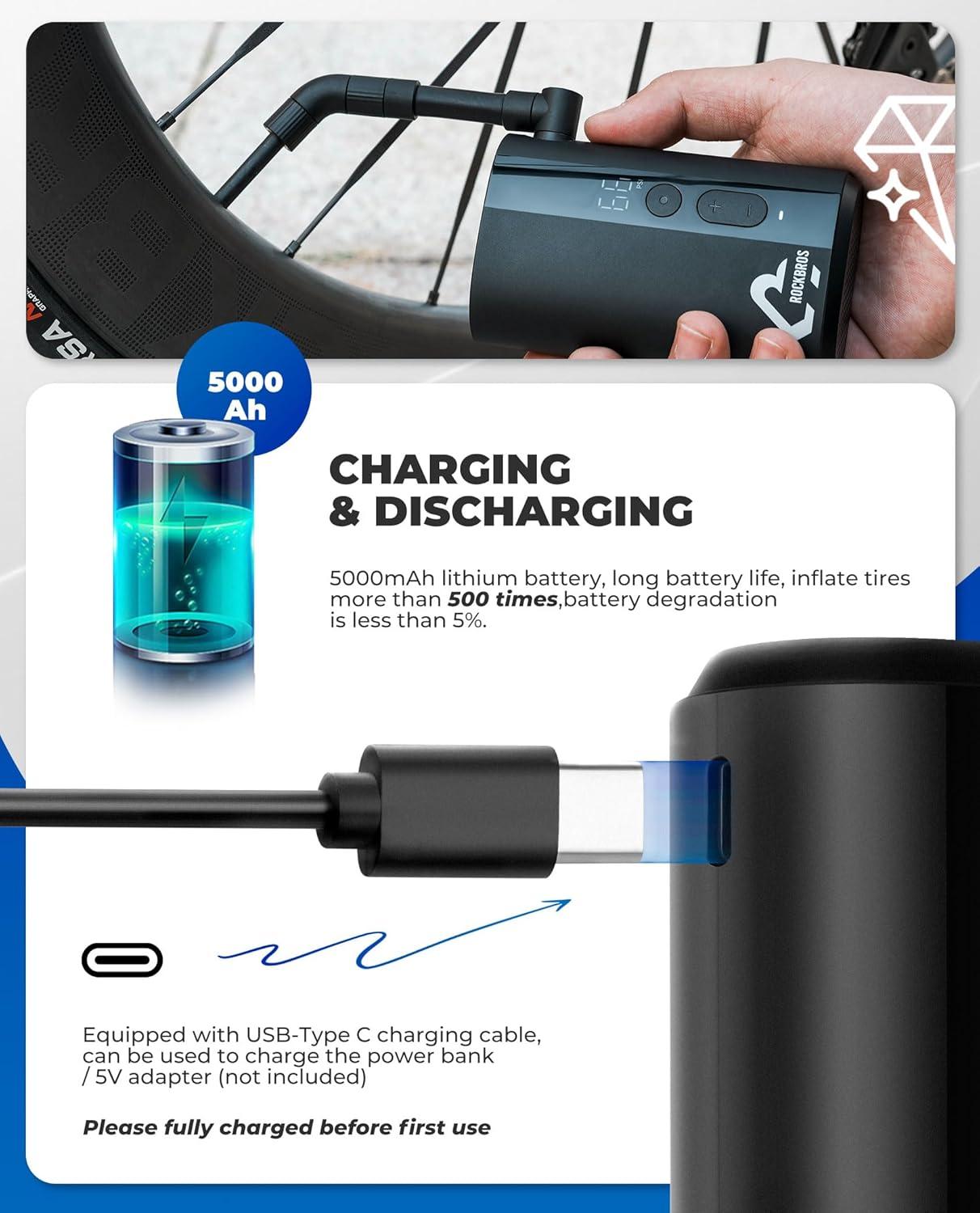imageROCKBROS 150PSI Mini Electric Bike Pump 32s Fast Inflation Bike Tire Pump with Digital Gauge AutoShutoff Compatible with Presta and Schrader Valves