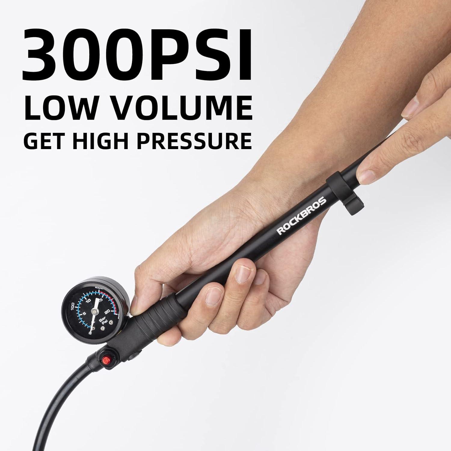 imageROCKBROS Bike Shock Pump High Pressure 300 PSI for Rear Shock amp Suspension Fork Bicycle Tire Pump with Gauge Schrader amp Presta Valve for Mountain Road Bikes and Motorcycle
